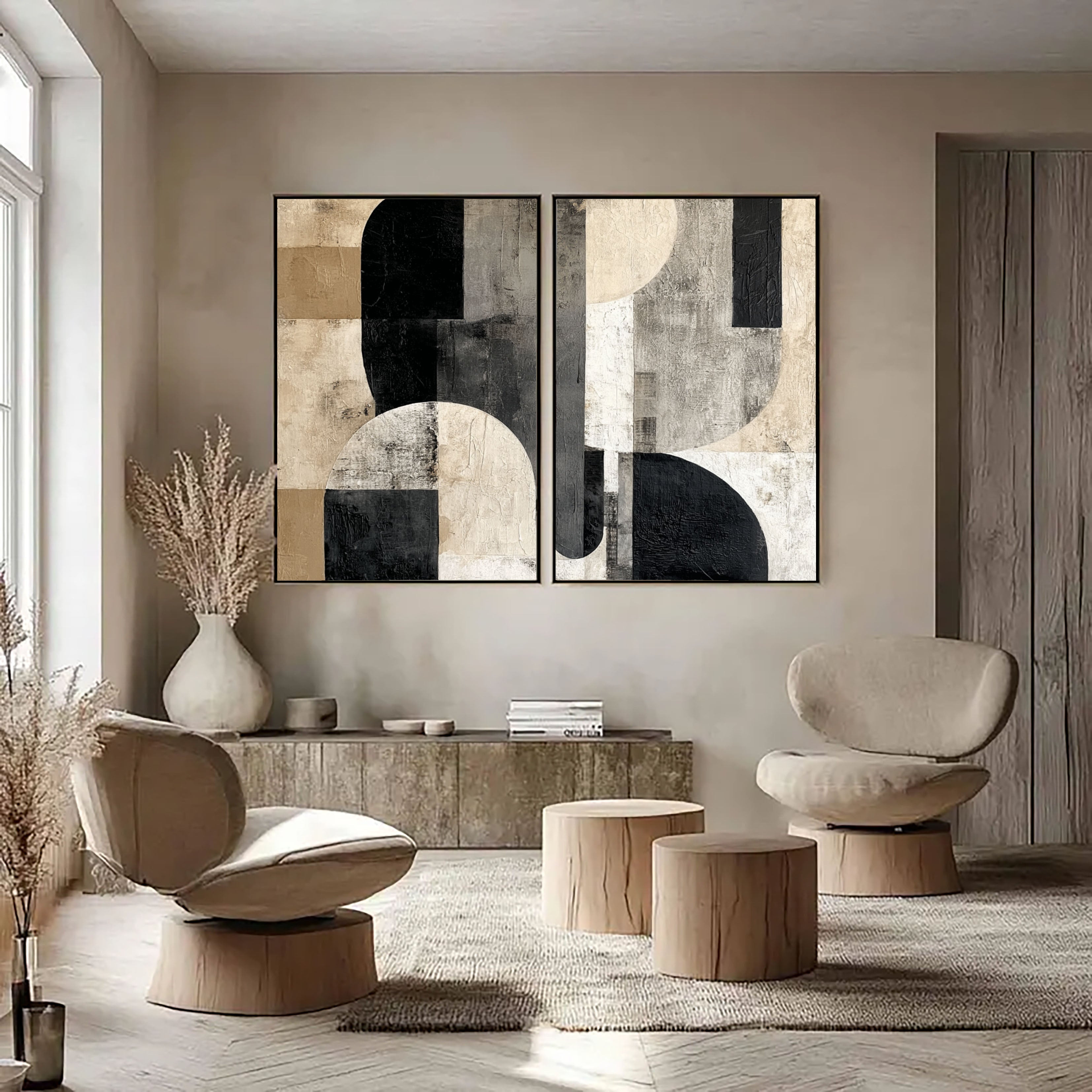 Textured Geometric Balance | Black Beige