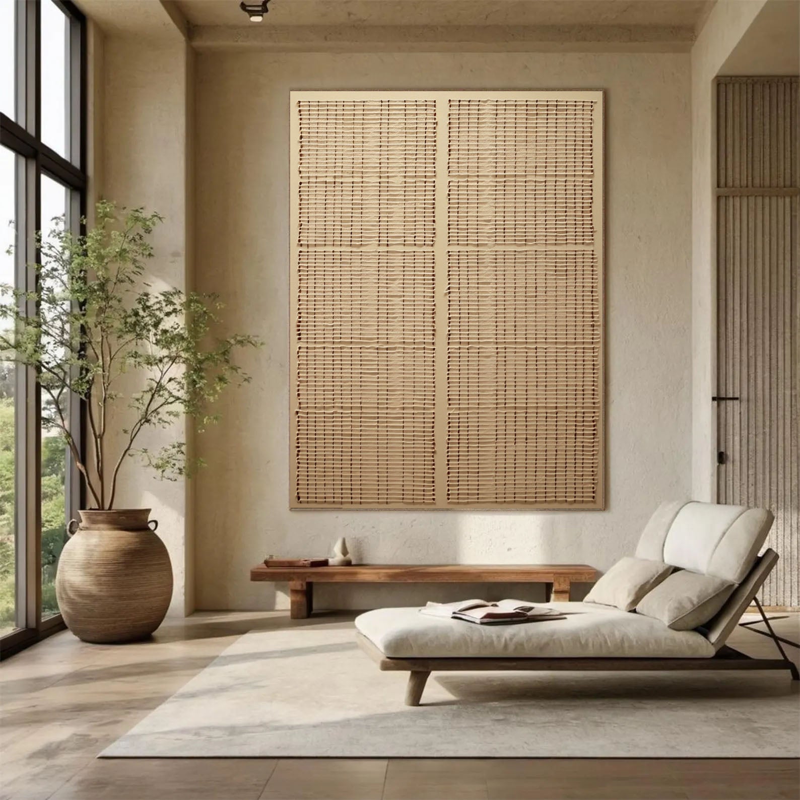 Textured Woven Serenity | Beige Grid