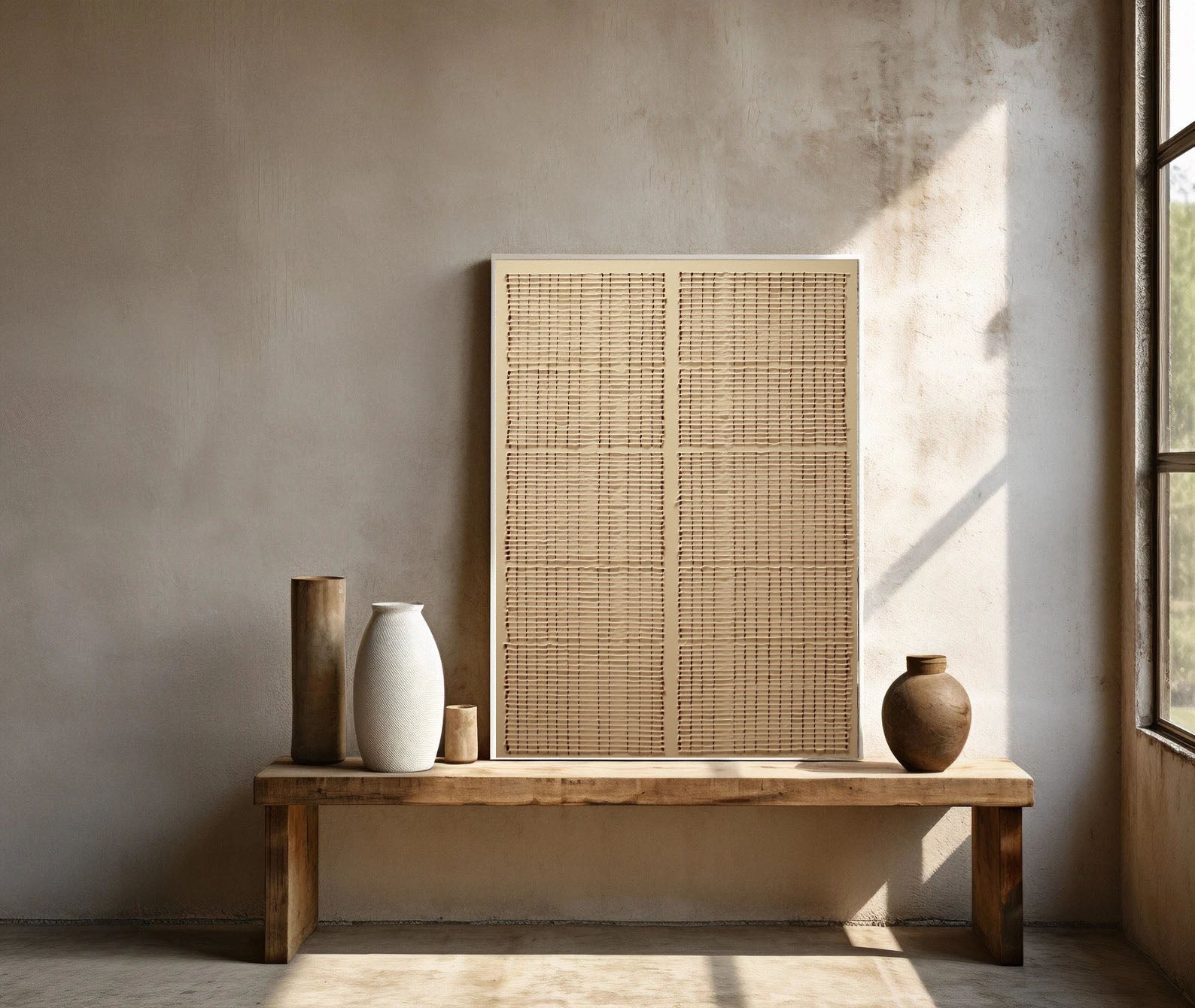 Textured Woven Serenity | Beige Grid