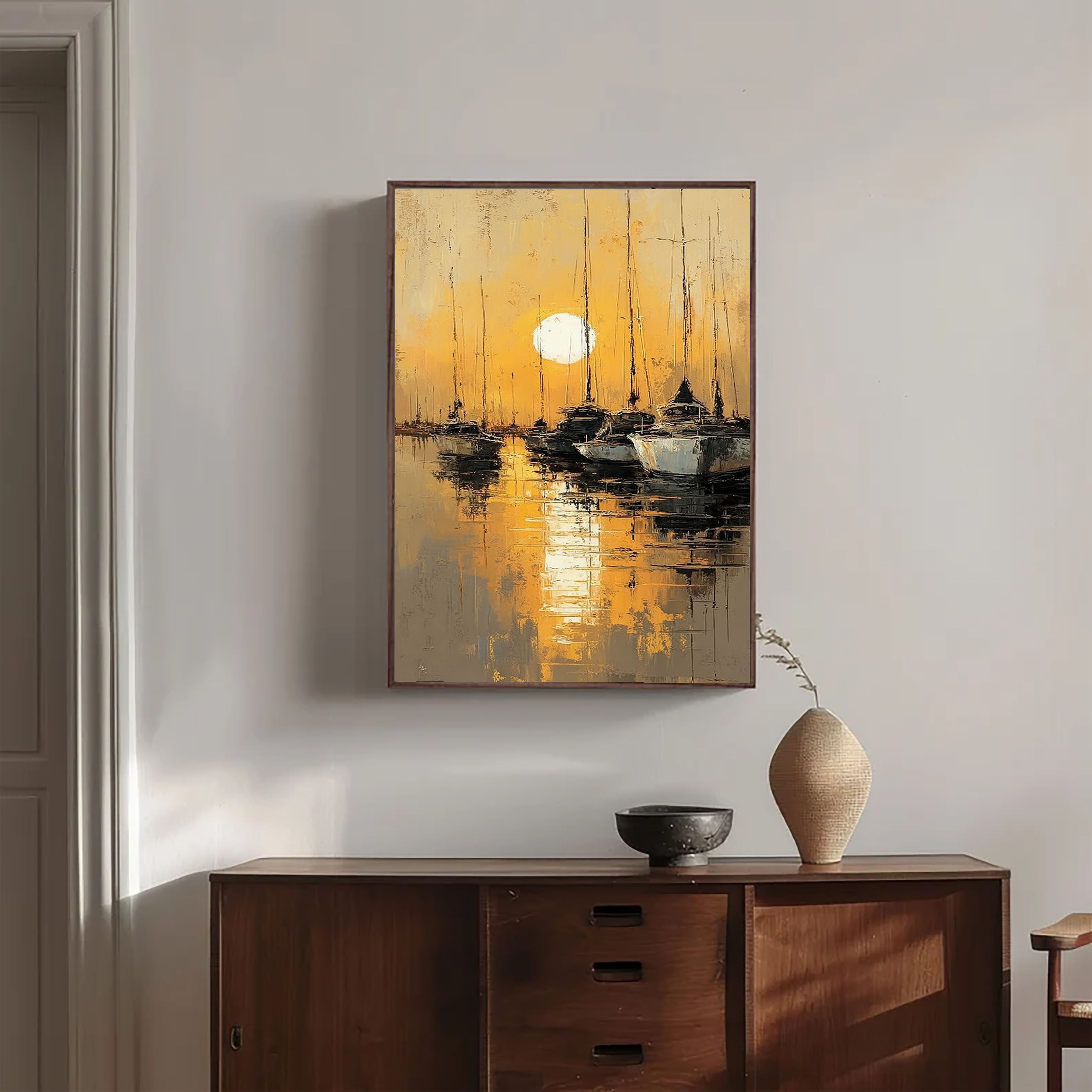 Golden Harbor Stillness | Moonlit Masts