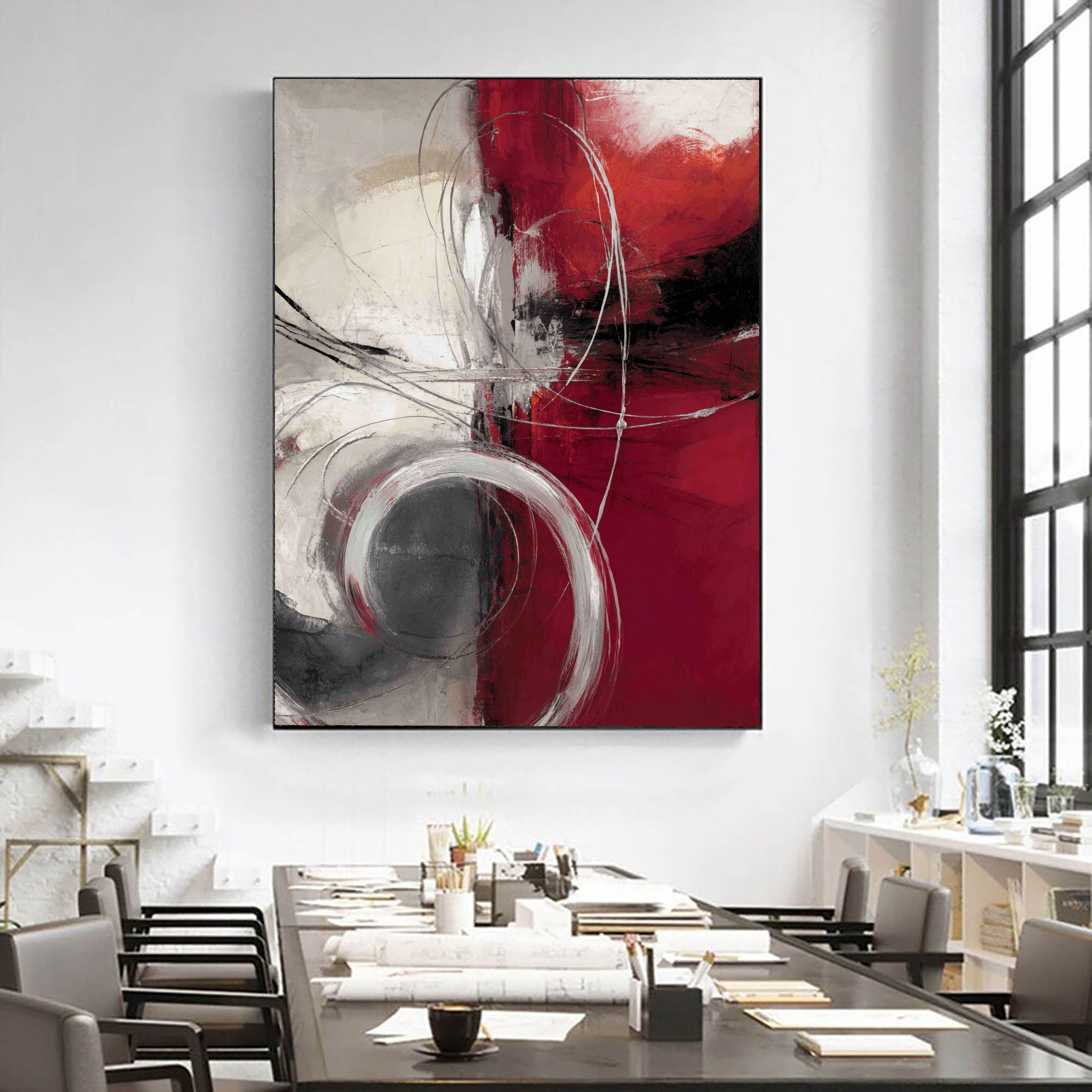 Textured Crimson Dynamism | Silvery Swirls