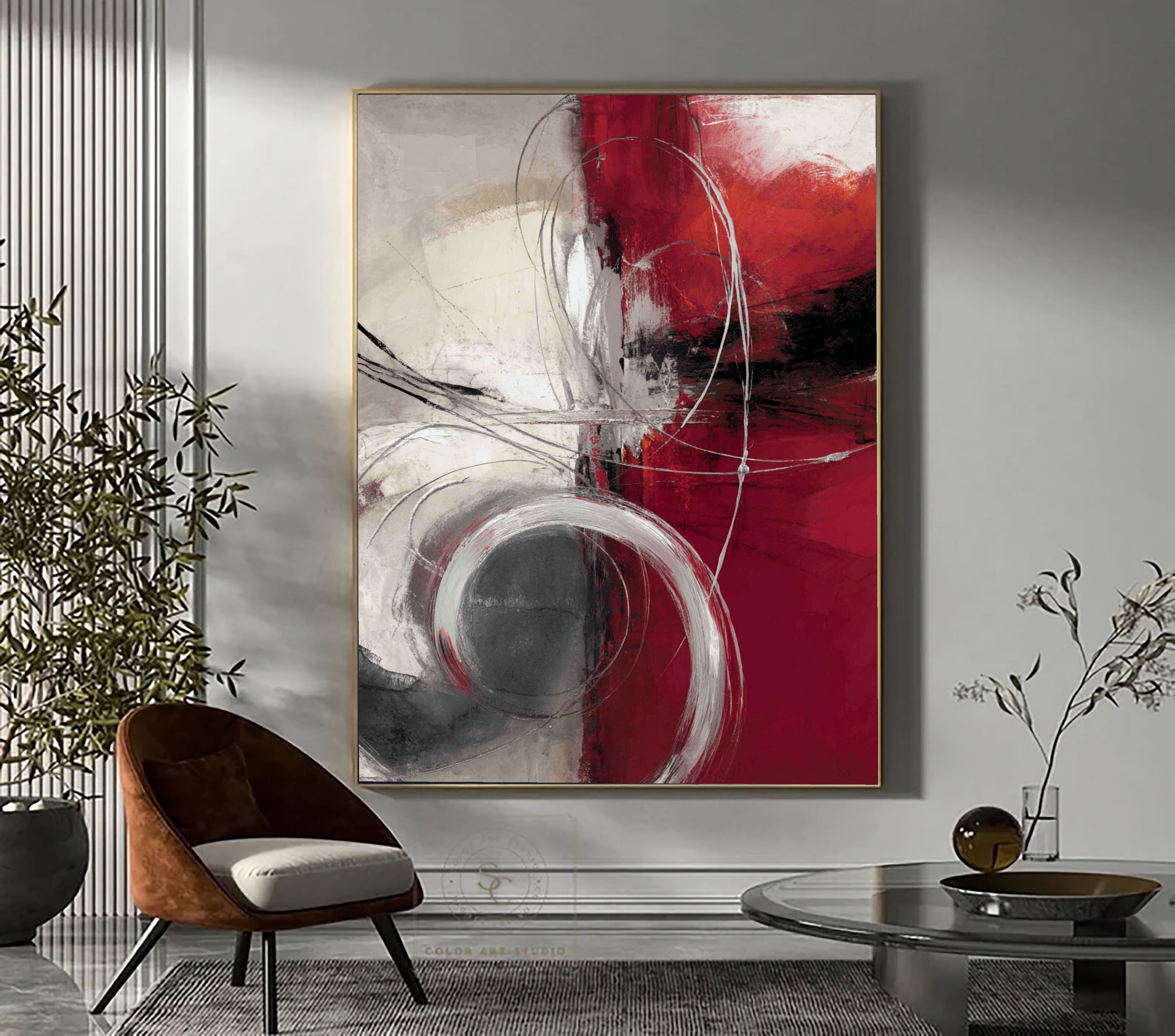 Textured Crimson Dynamism | Silvery Swirls