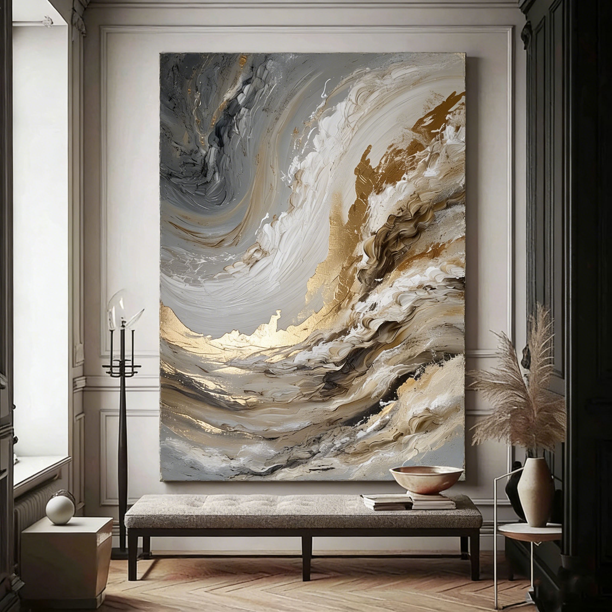 Textured Swirling Waves | Gold Gray