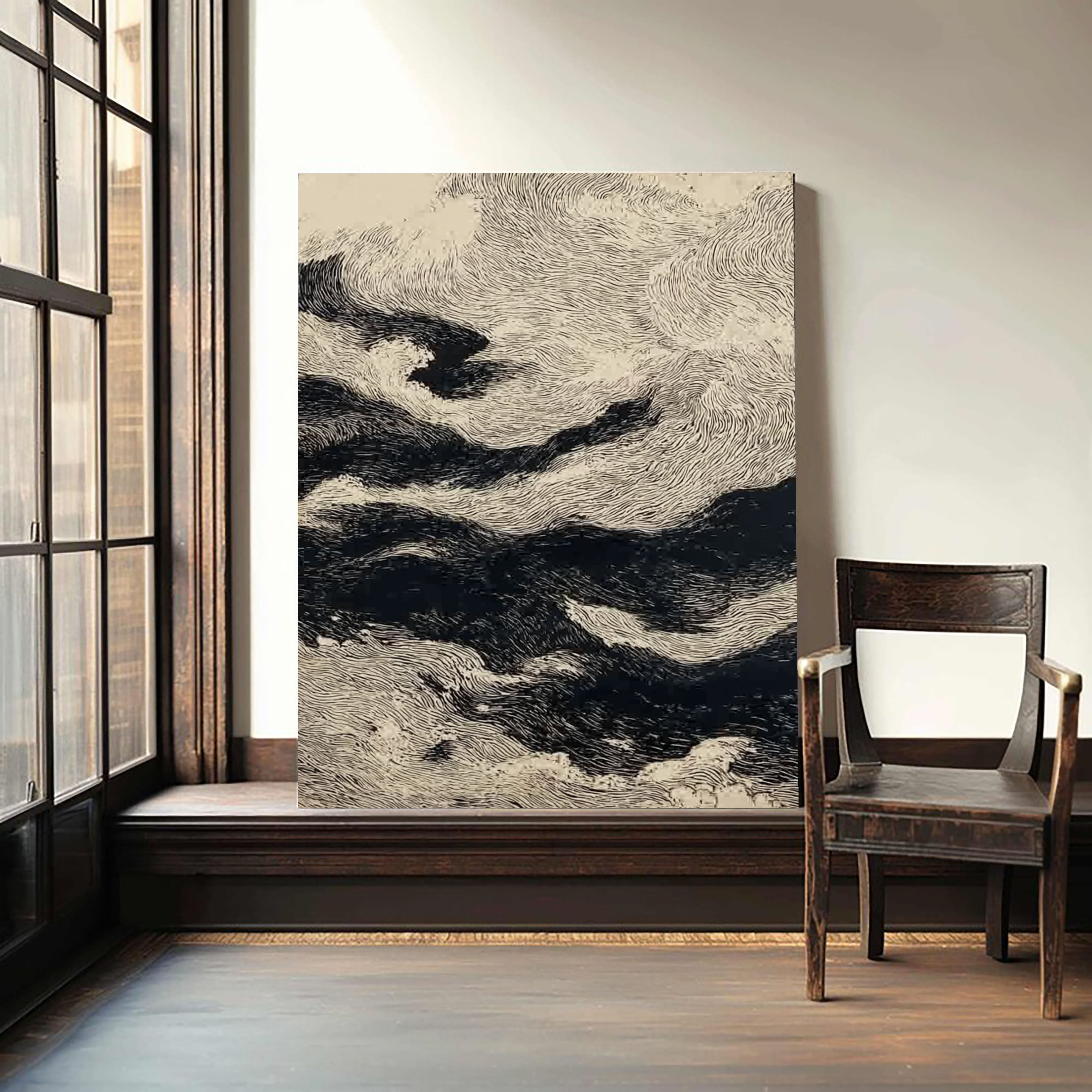 Dynamische Wellenlinien-Kunst | Schwarz Beige