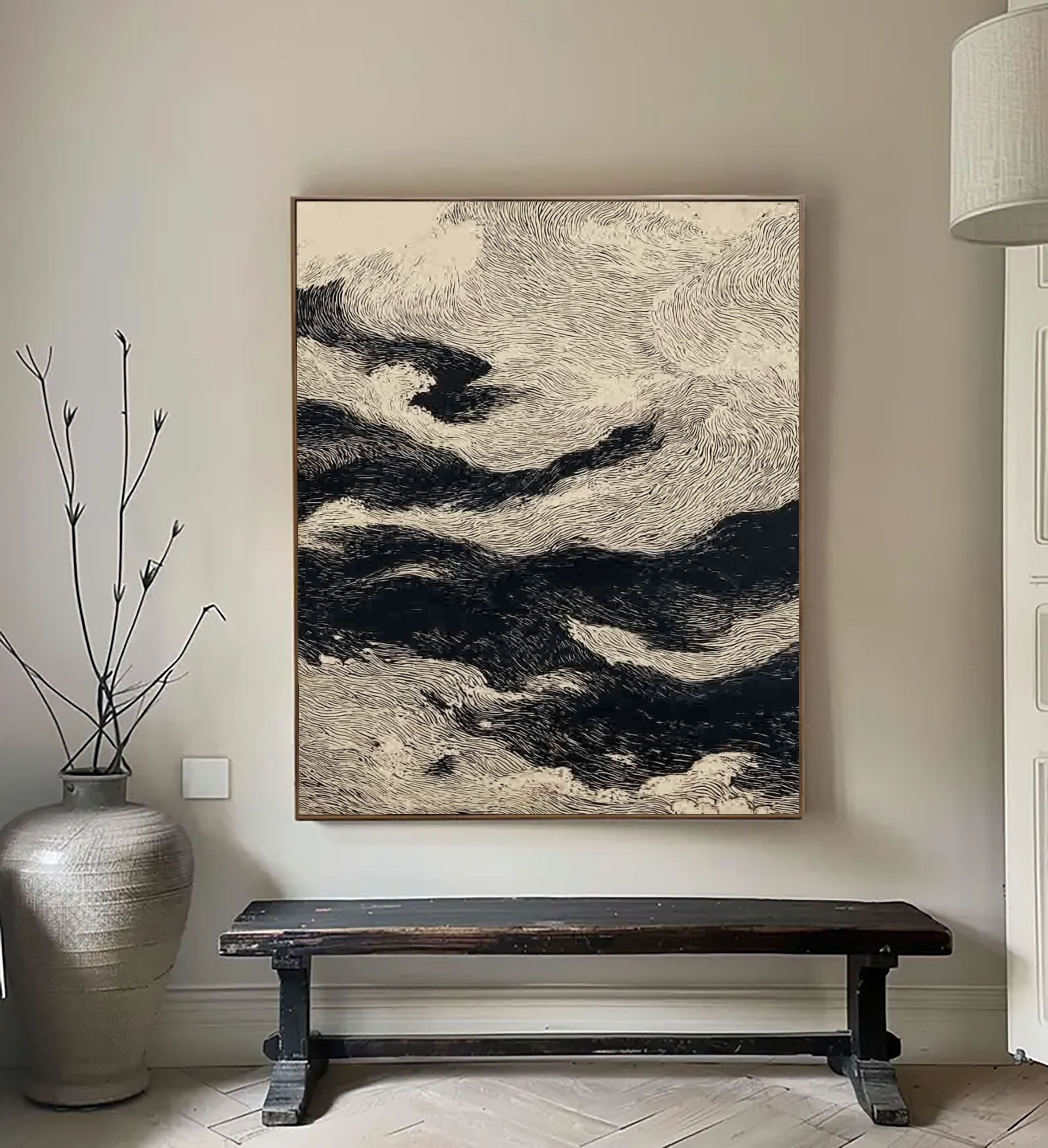 Dynamische Wellenlinien-Kunst | Schwarz Beige