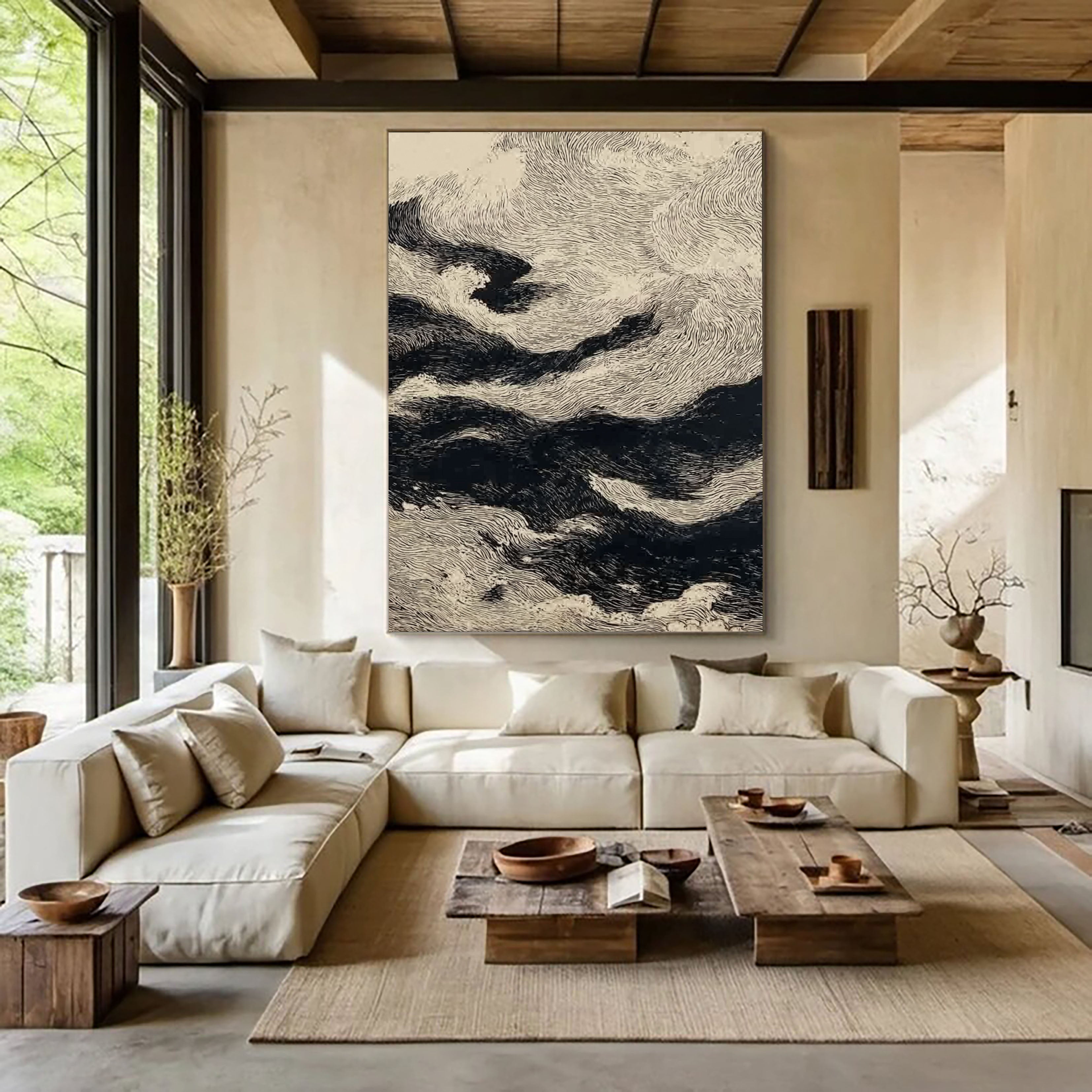 Dynamische Wellenlinien-Kunst | Schwarz Beige