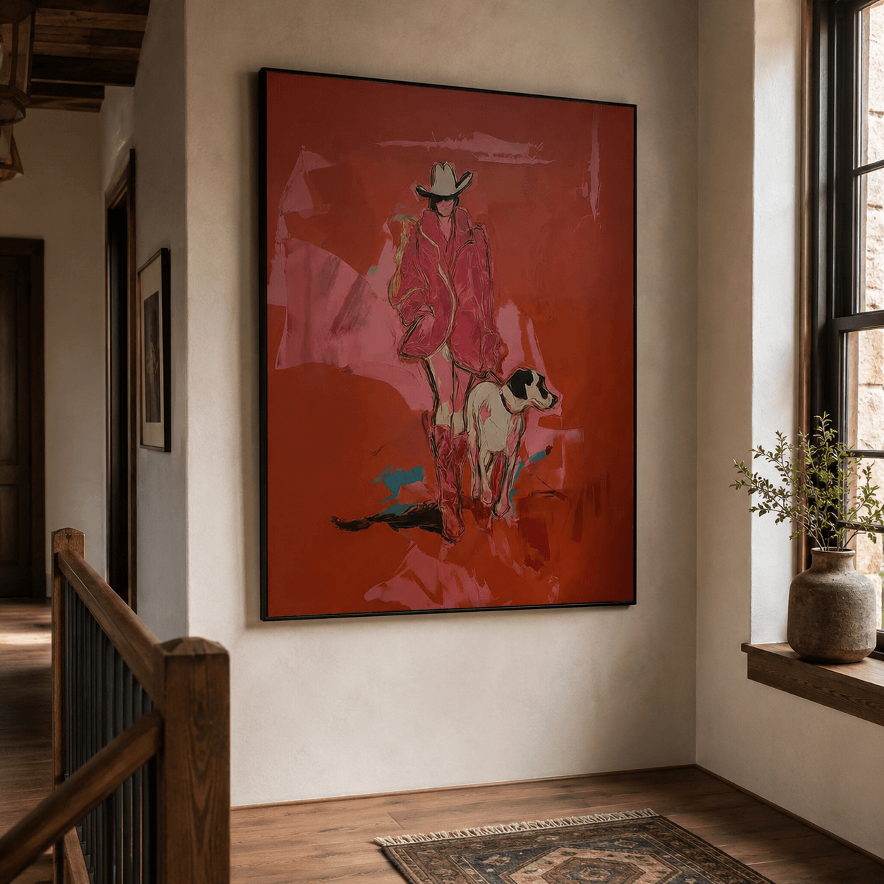Vintage Americana Art | Cowgirl Dog Stroll