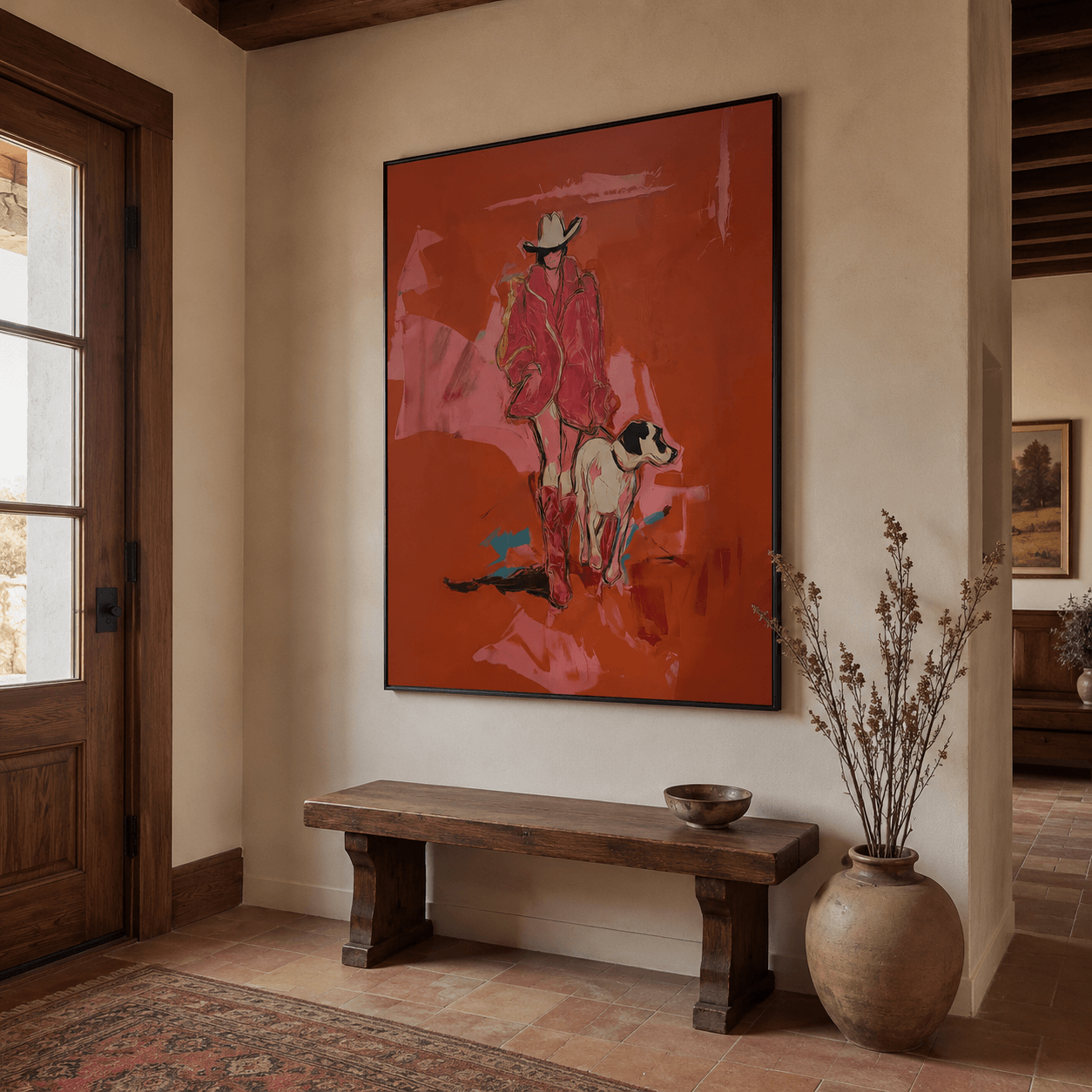 Vintage Americana Art | Cowgirl Dog Stroll