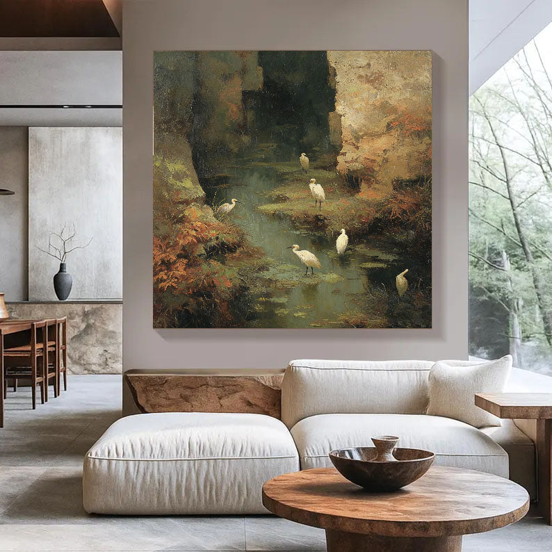 Textured Wetland Serenity | White Herons