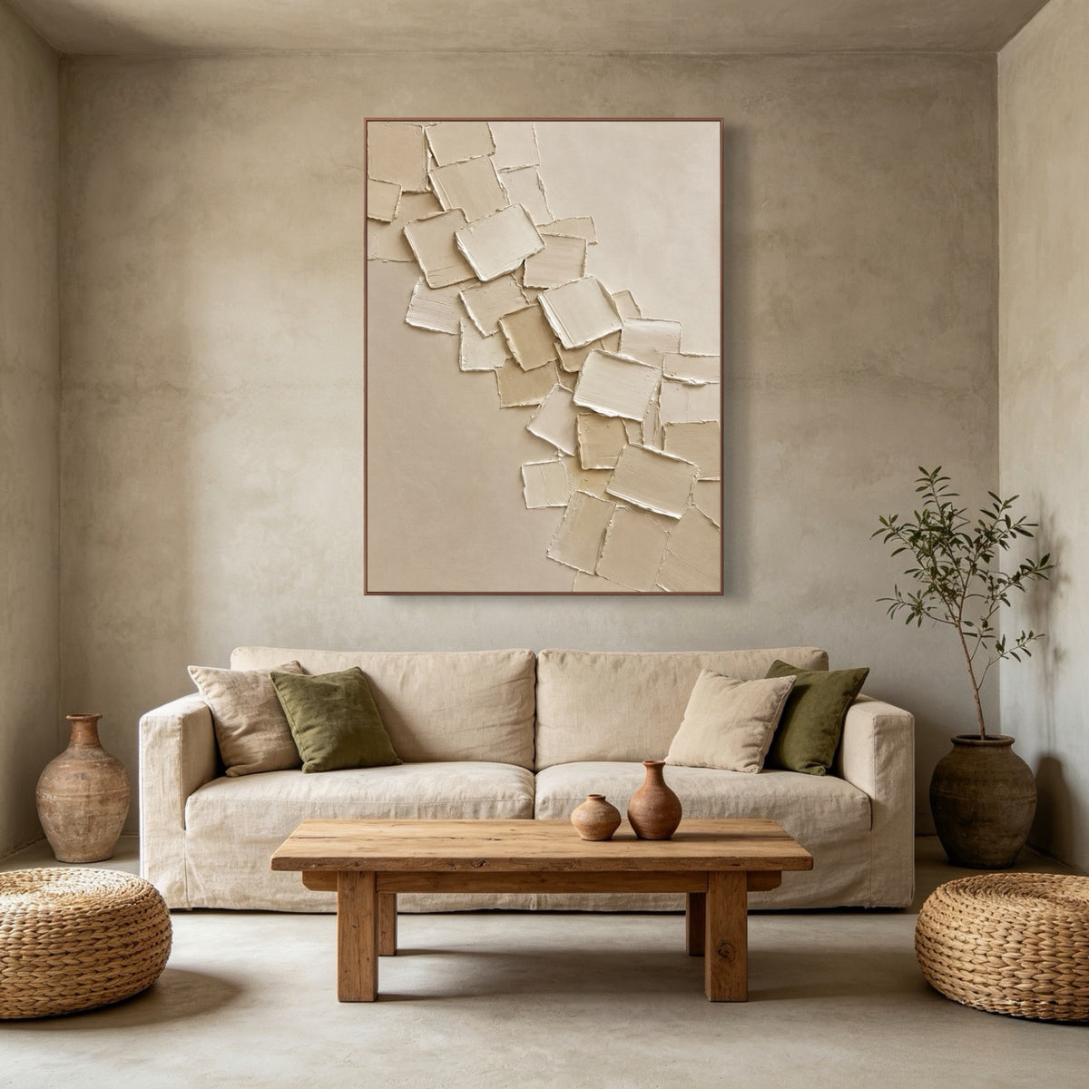 Falling Plaster Leaves — vertical textured & impasto art, view 1