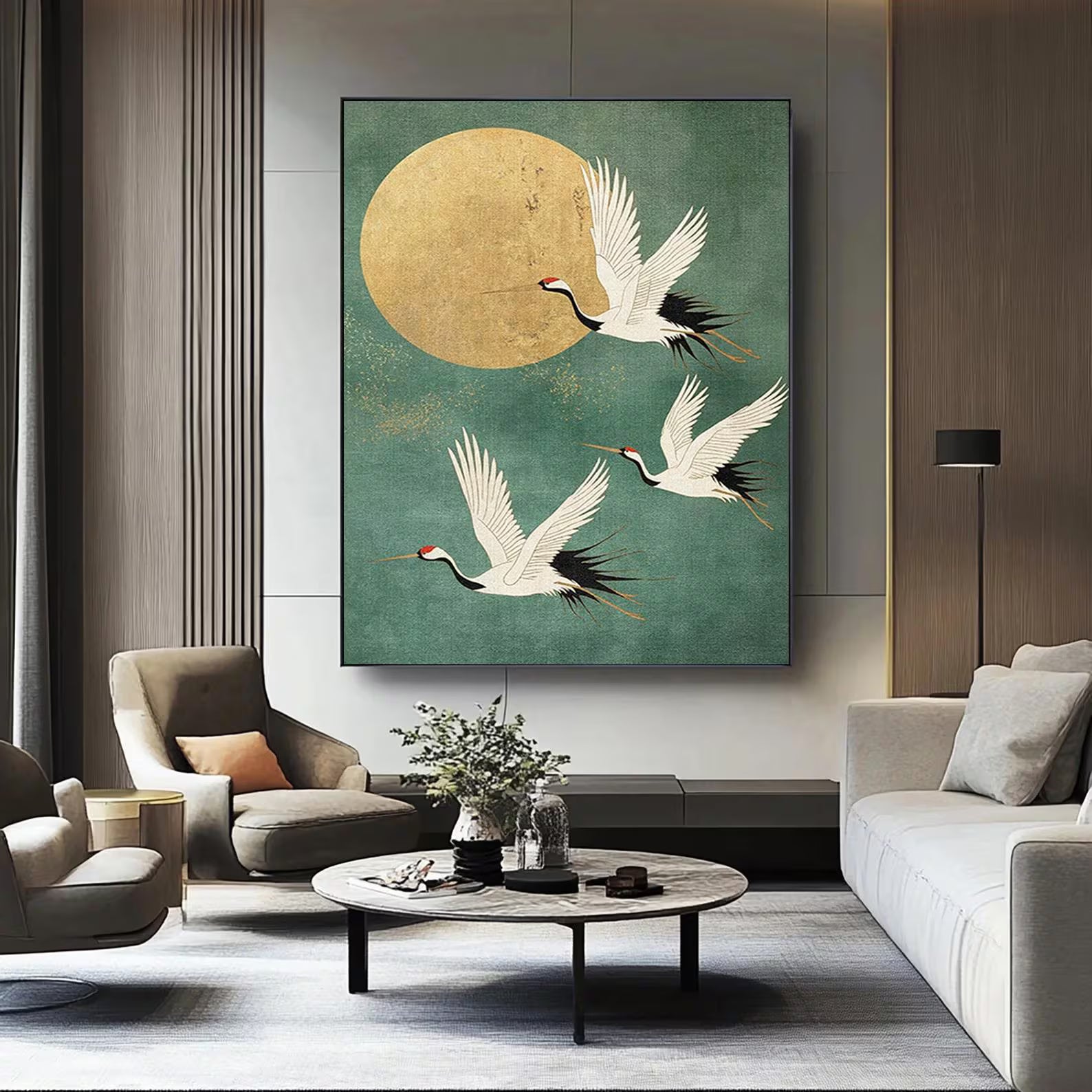 Eastern Crane & Golden Moon Art | Timeless Grace