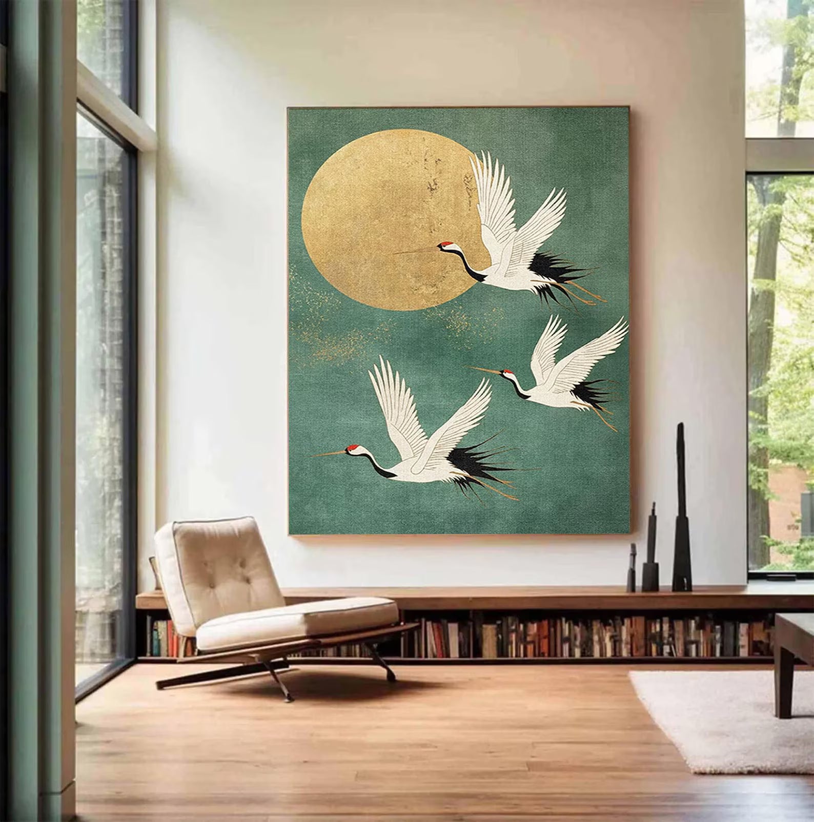 Eastern Crane & Golden Moon Art | Timeless Grace