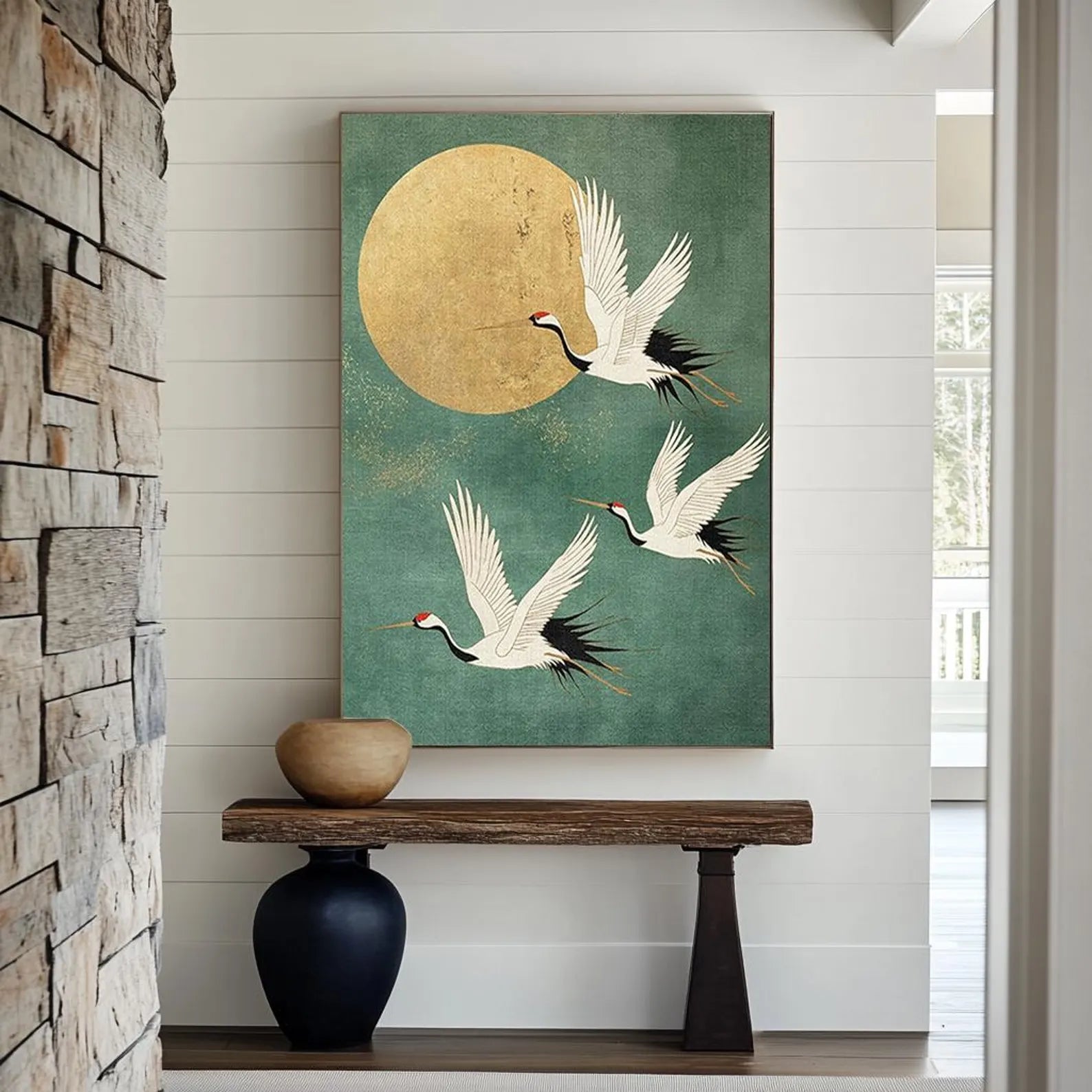 Eastern Crane & Golden Moon Art | Timeless Grace