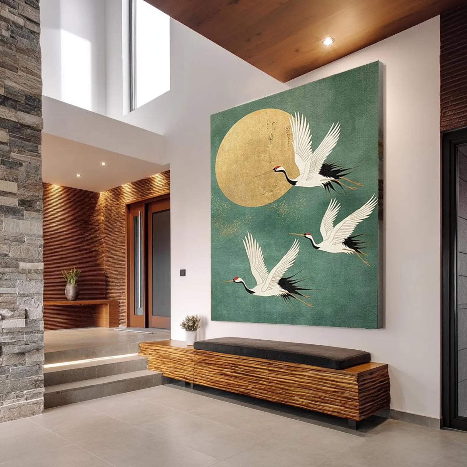 Eastern Crane & Golden Moon Art | Timeless Grace