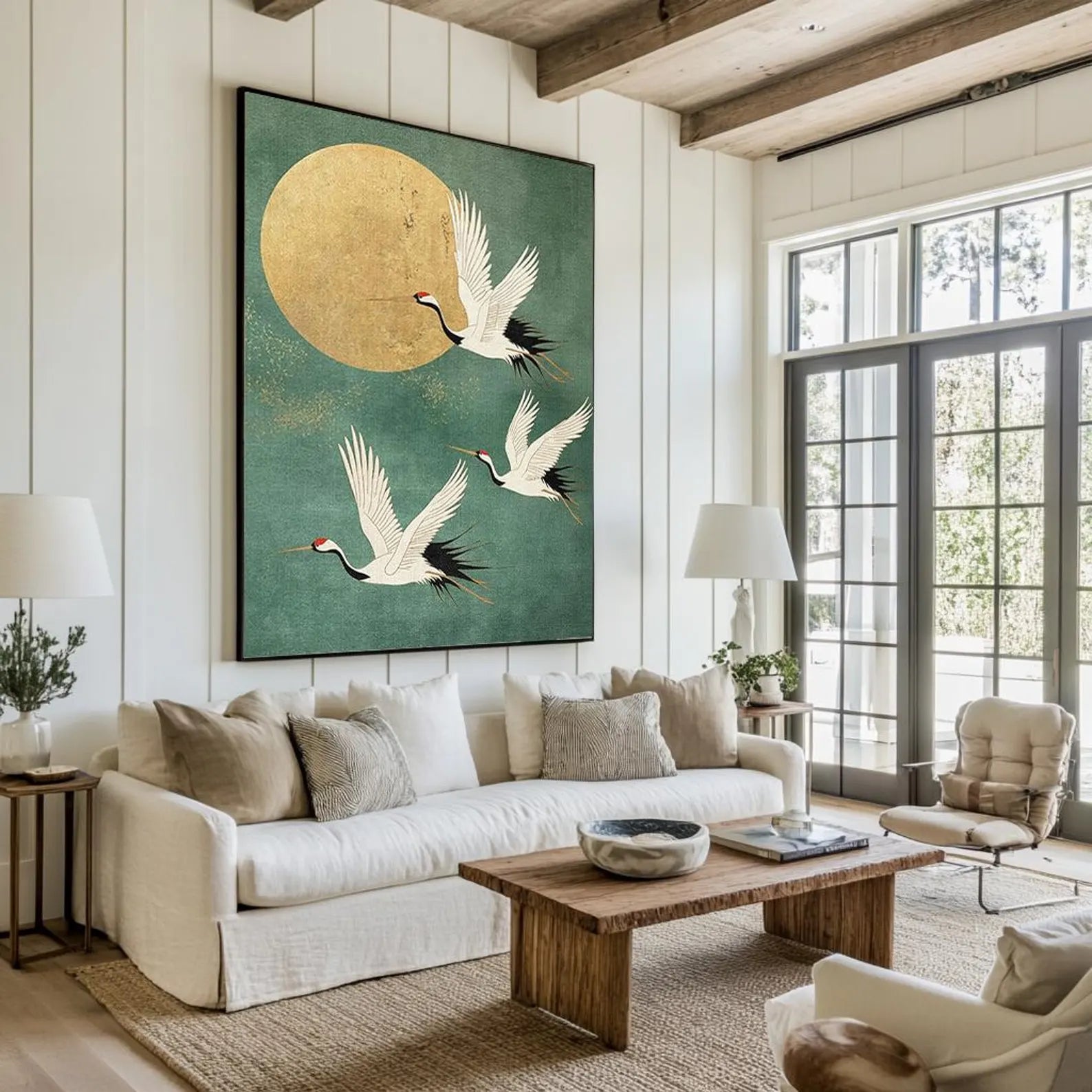 Eastern Crane & Golden Moon Art | Timeless Grace
