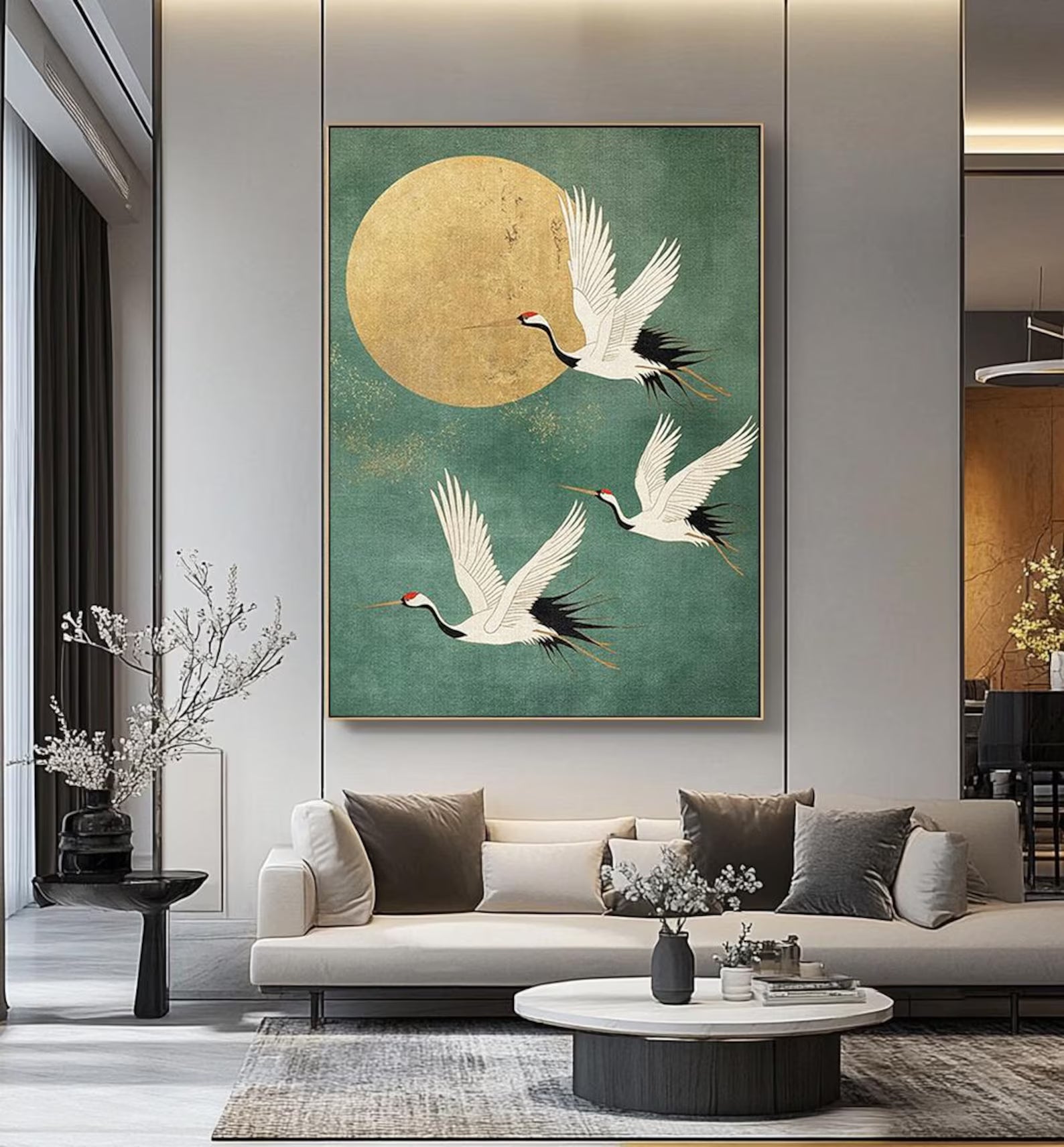 Eastern Crane & Golden Moon Art | Timeless Grace