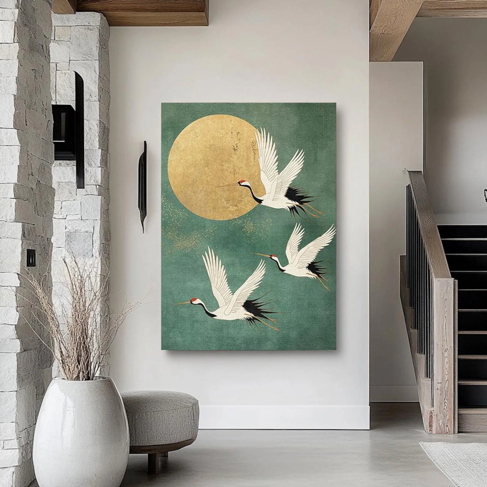 Eastern Crane & Golden Moon Art | Timeless Grace