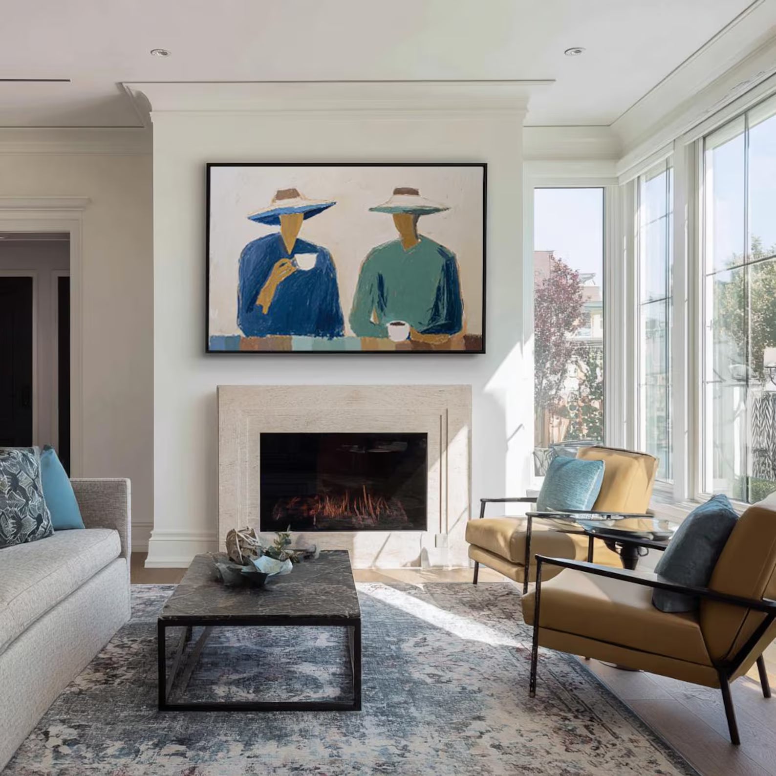 Casual Hat-Clad Figures | Teal Hues