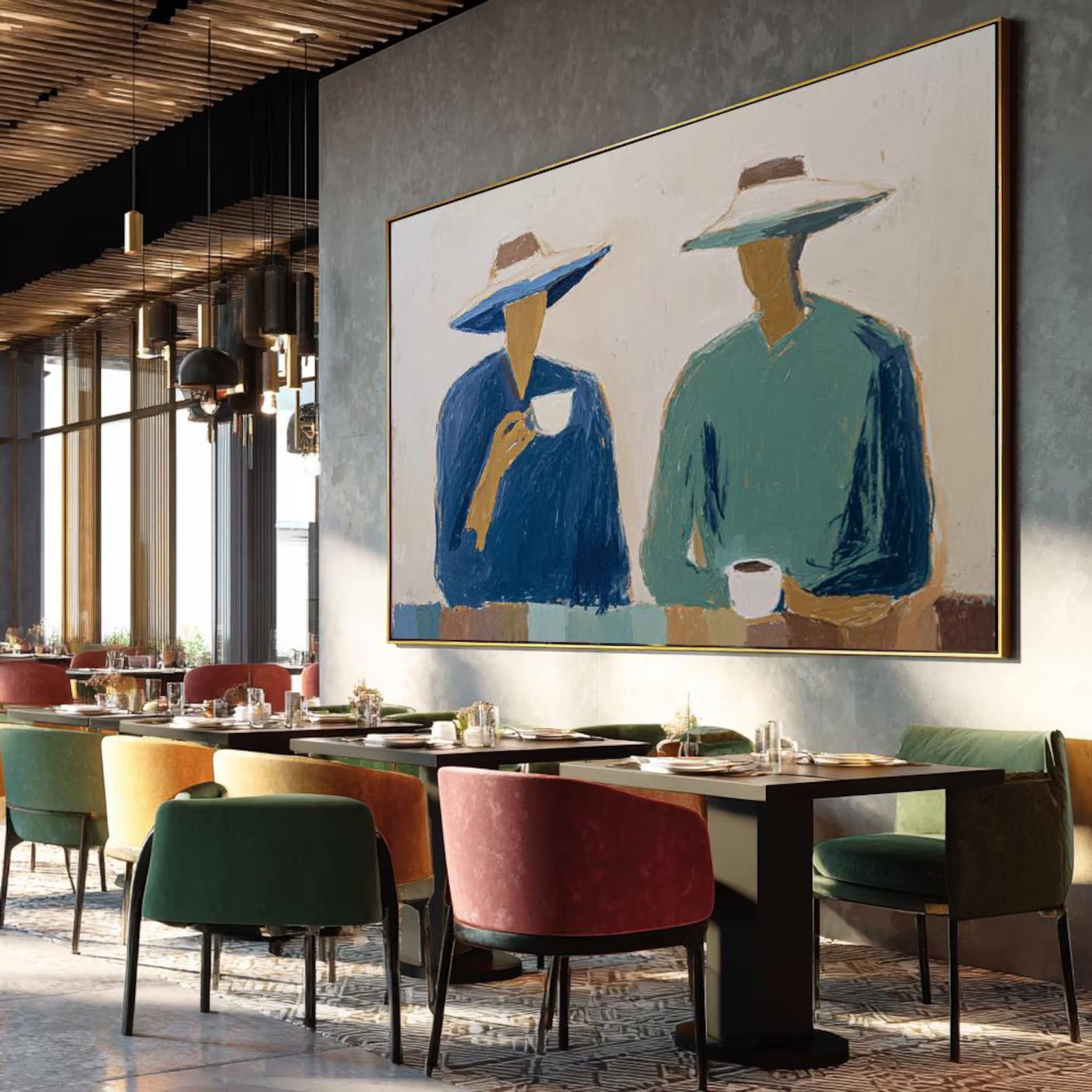 Casual Hat-Clad Figures | Teal Hues