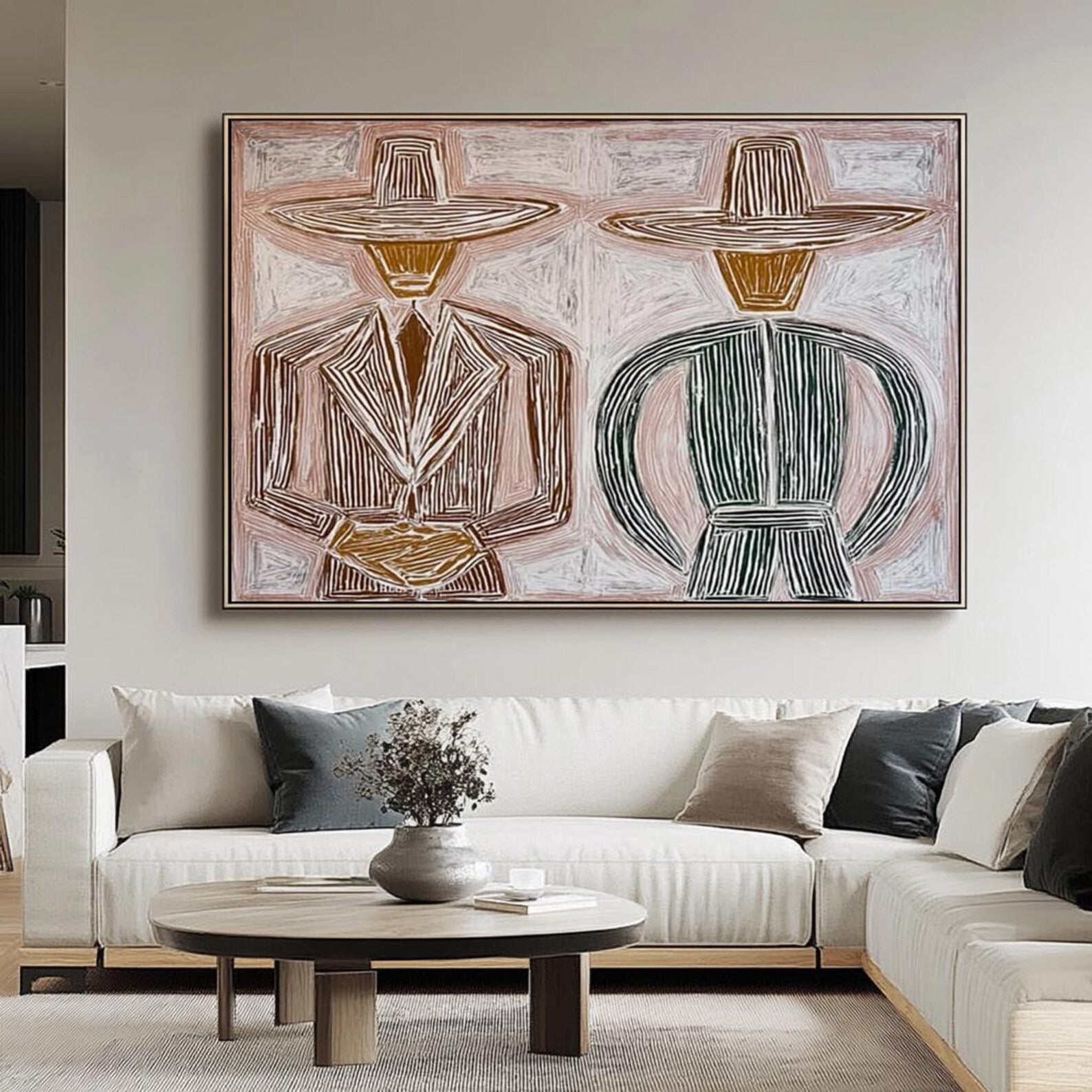 Stylized Hat-Clad Figures | Warm Hues