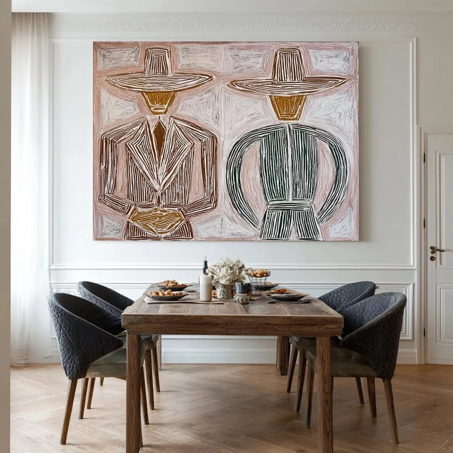 Stylized Hat-Clad Figures | Warm Hues