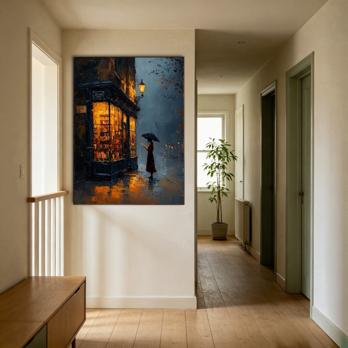 Lamplight Through Rain — vertical landscape art, view 1