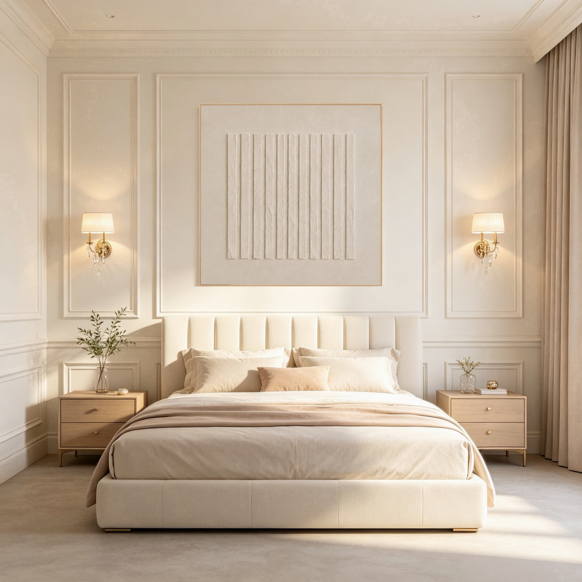 Sheltered Linen Ridges: square textured artwork in an interior
