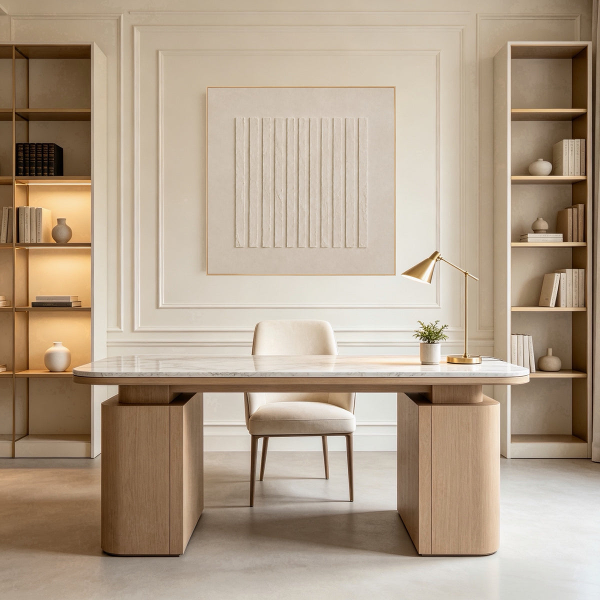 Sheltered Linen Ridges: square textured artwork in an interior