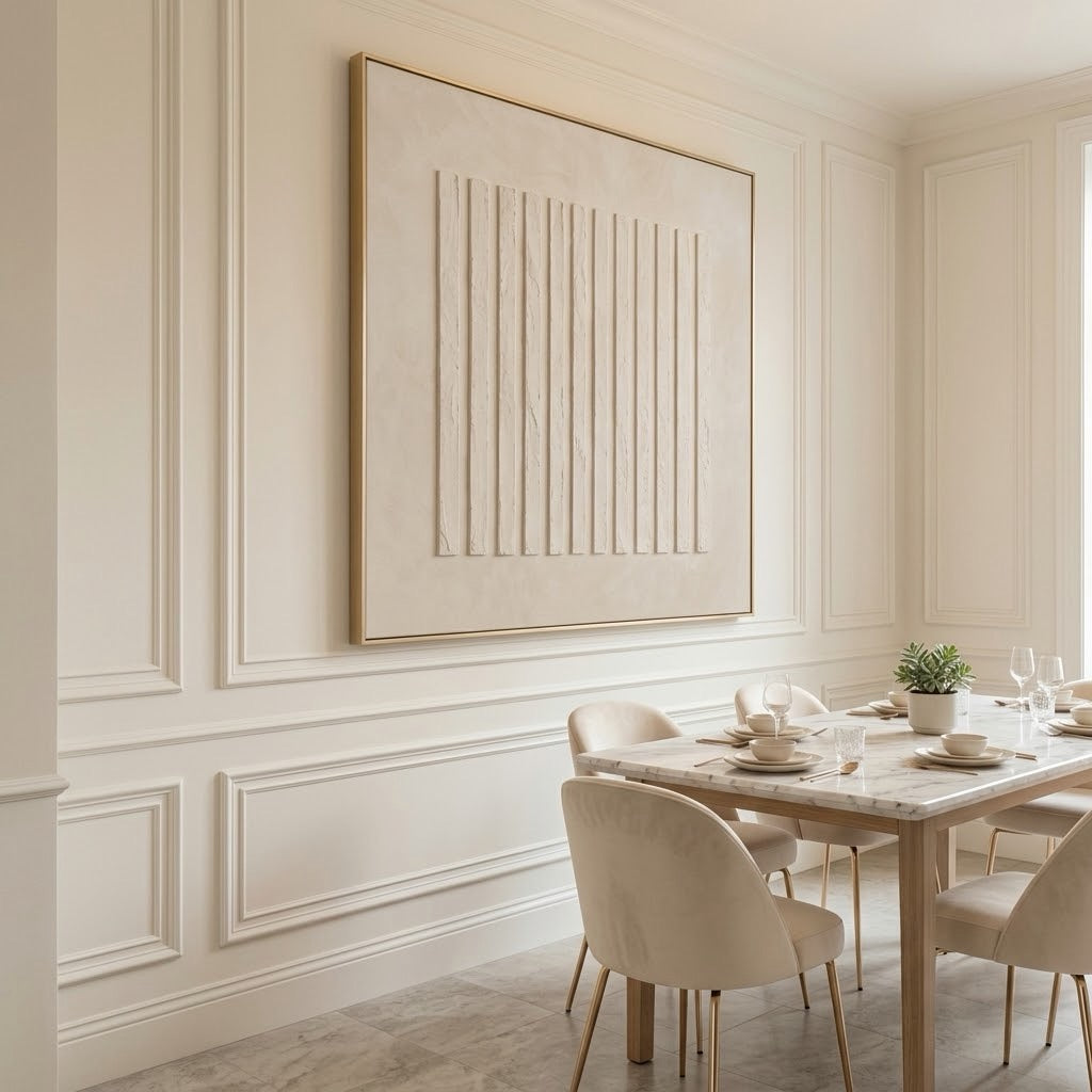 Sheltered Linen Ridges: square textured artwork in an interior
