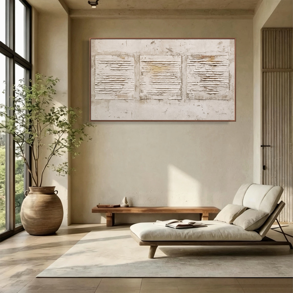 Three Weathered Panels — horizontal textured & impasto art, view 1