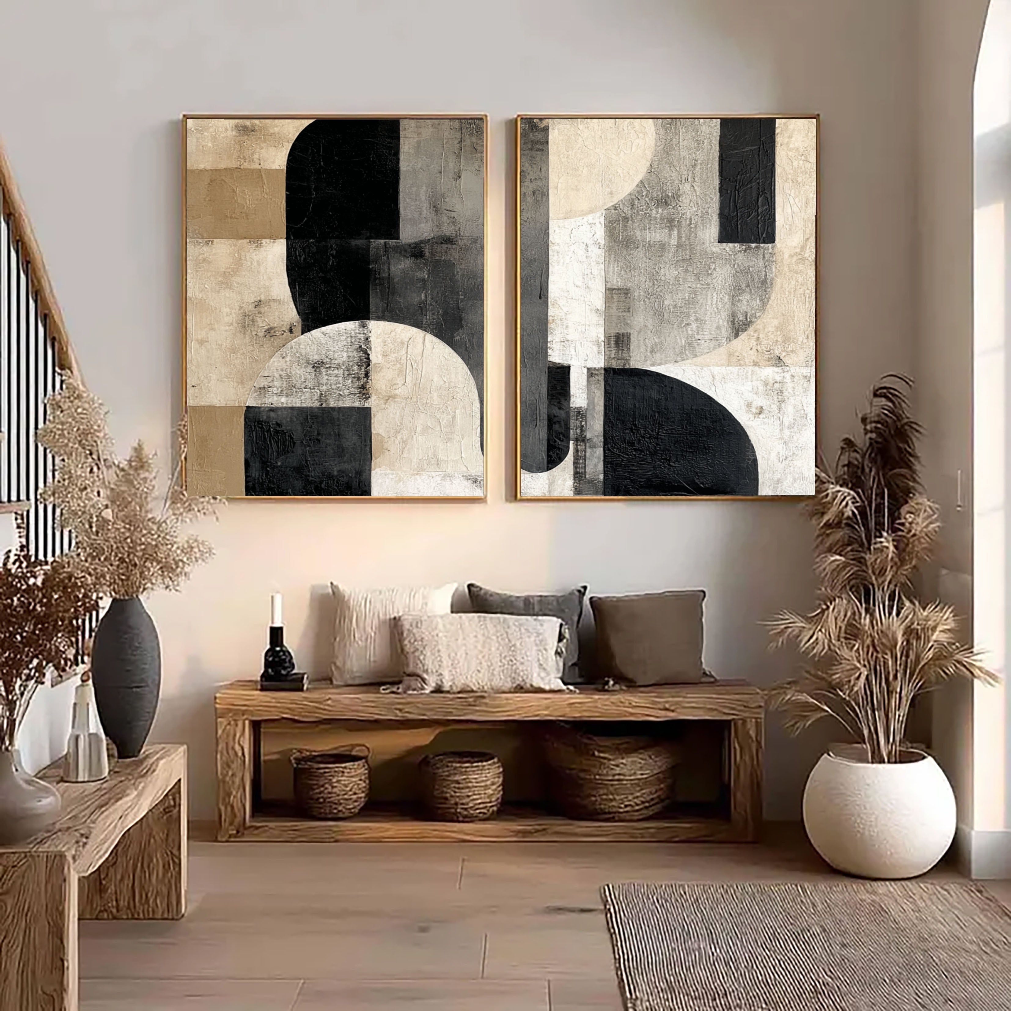 Textured Geometric Balance | Black Beige
