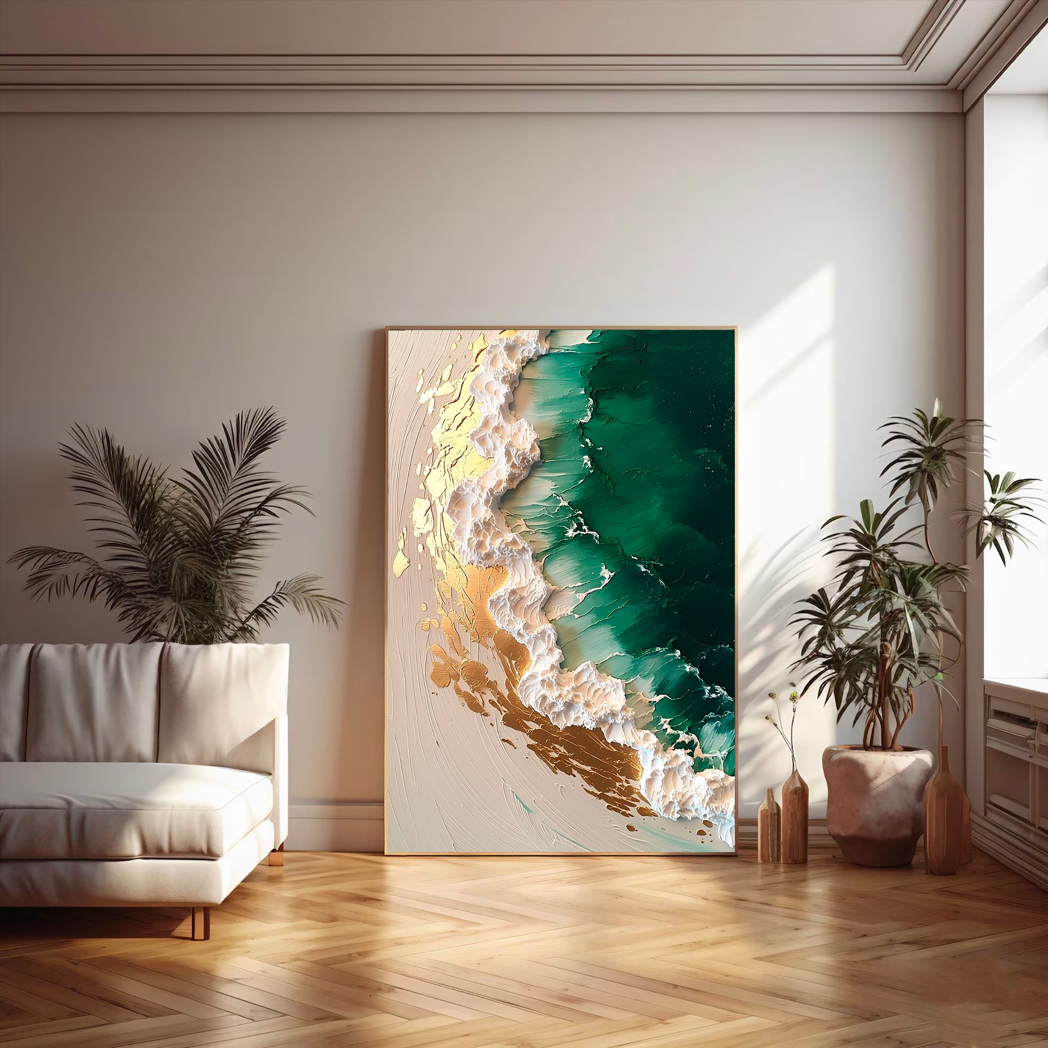 Textured Gilded Waves | Emerald Tide