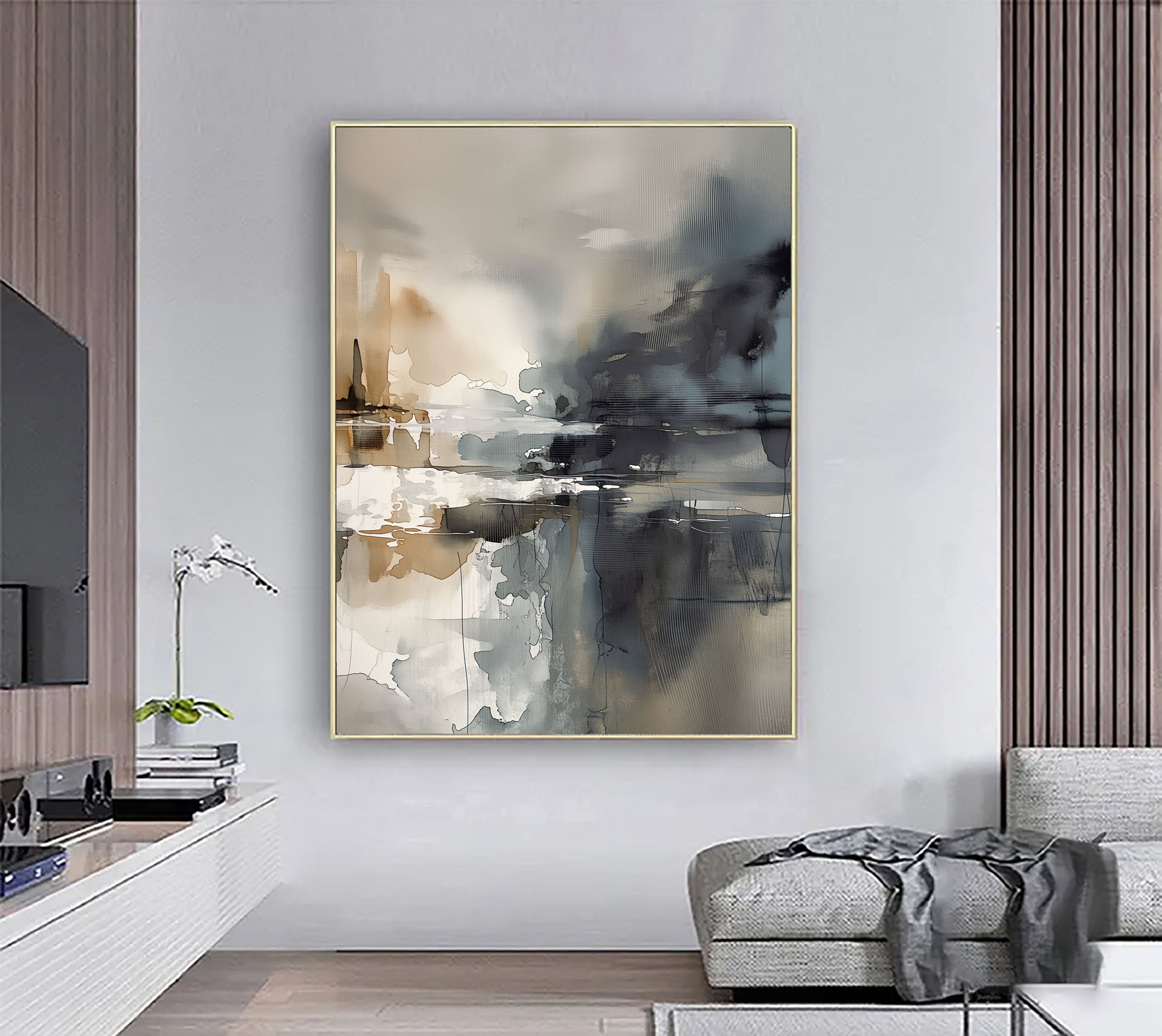 Textured Ink Wash Landscape | Grey Tan