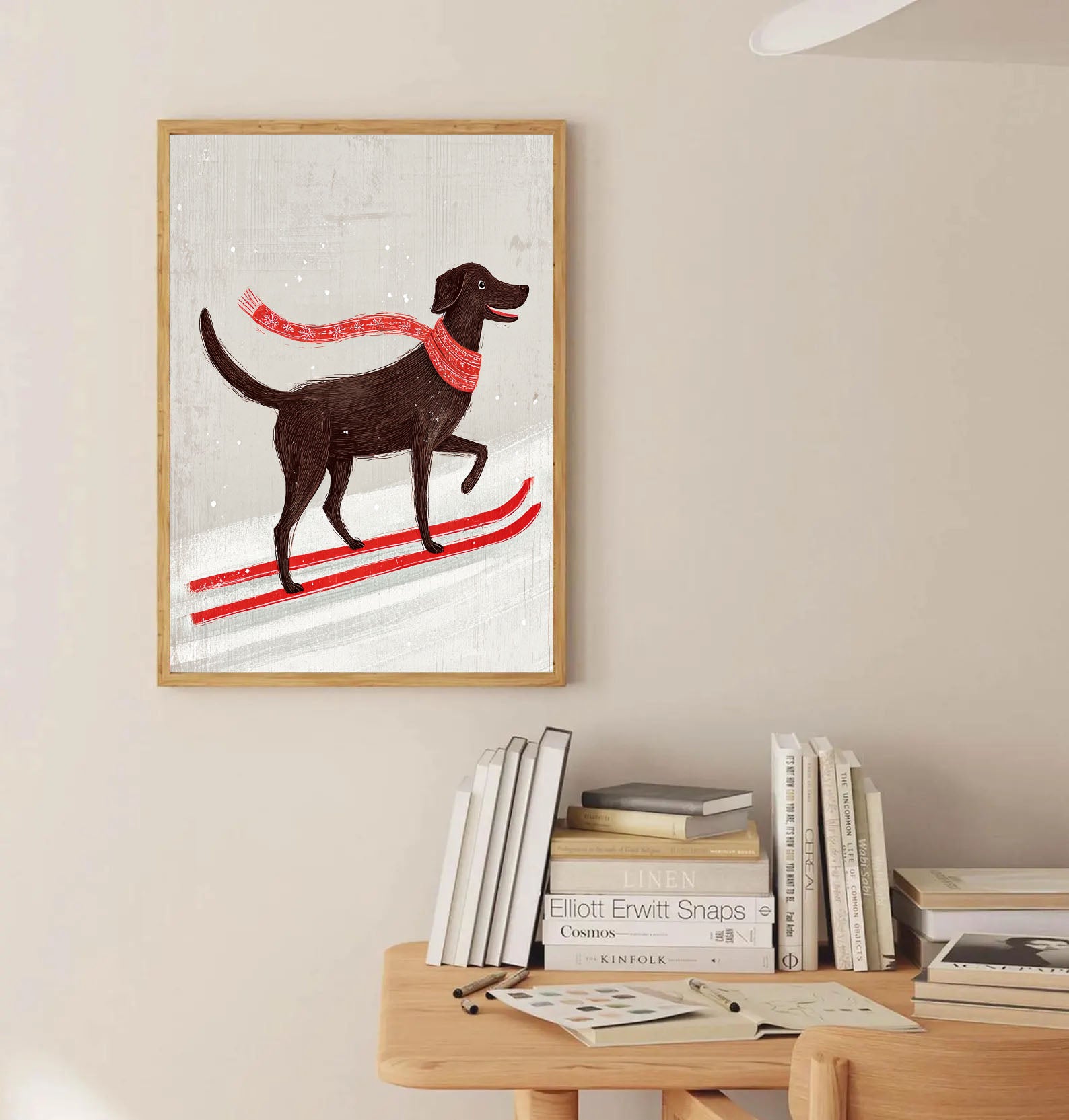 Skiing Dog Cartoon Art | Playful Warmth
