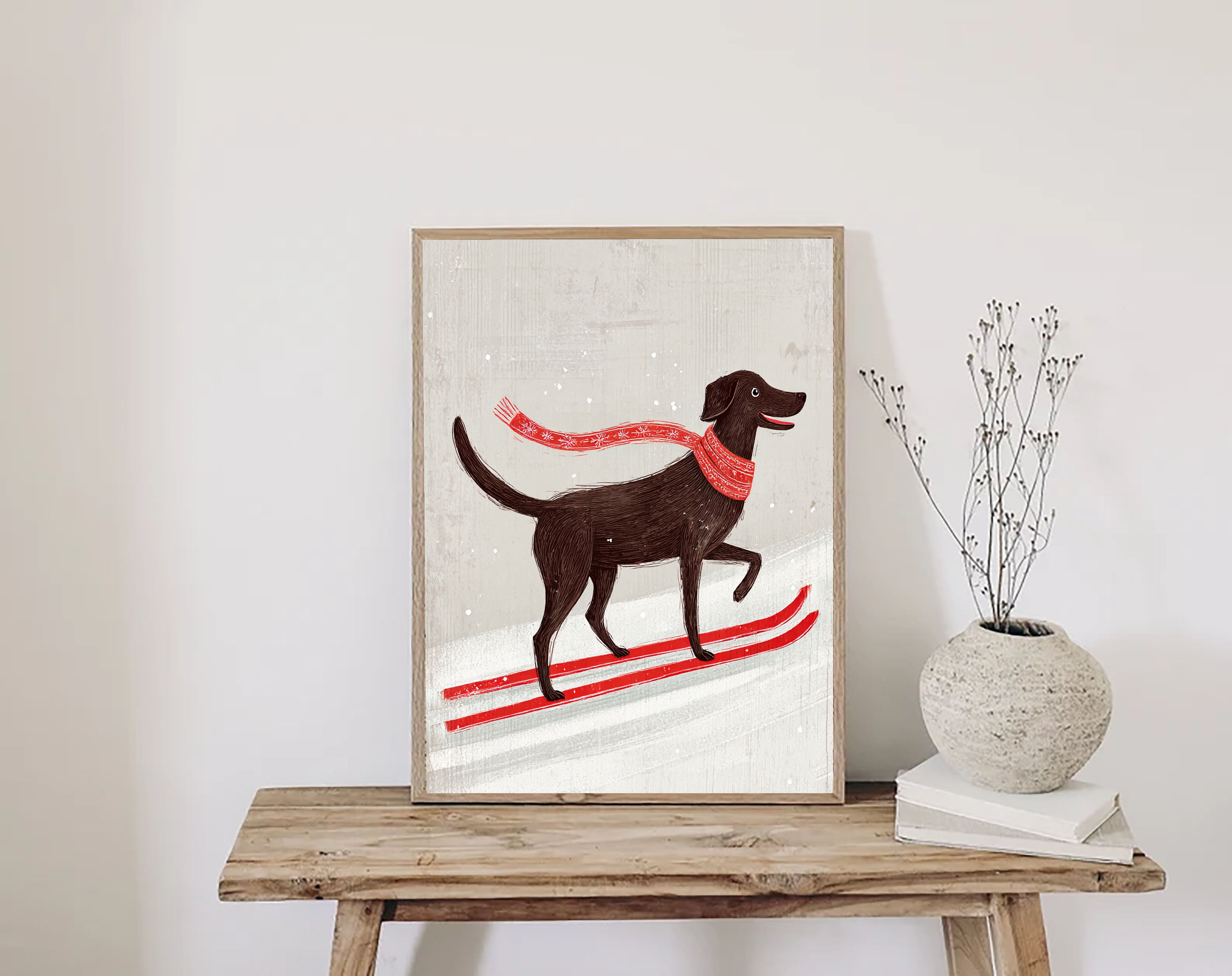 Skiing Dog Cartoon Art | Playful Warmth
