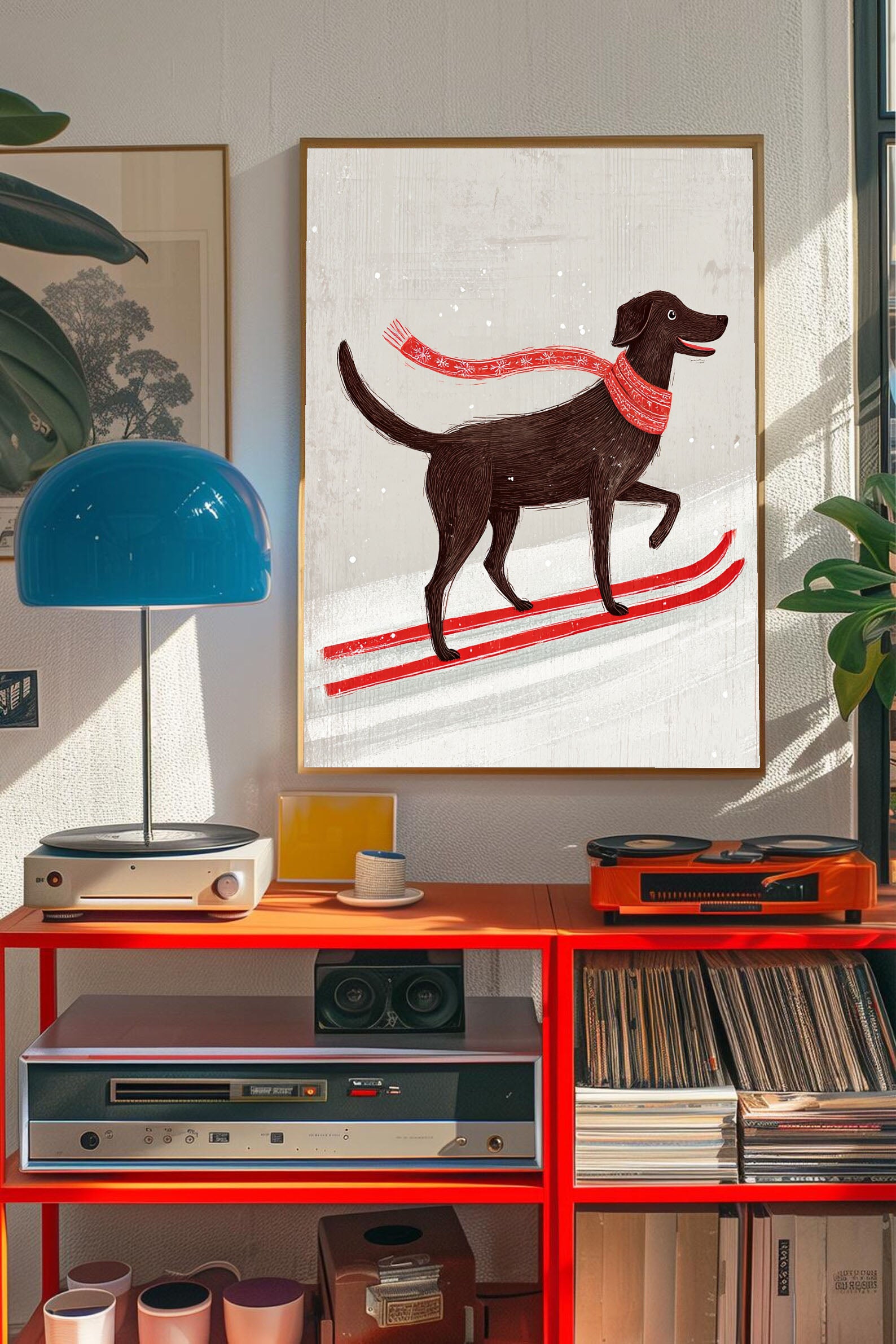 Skiing Dog Cartoon Art | Playful Warmth