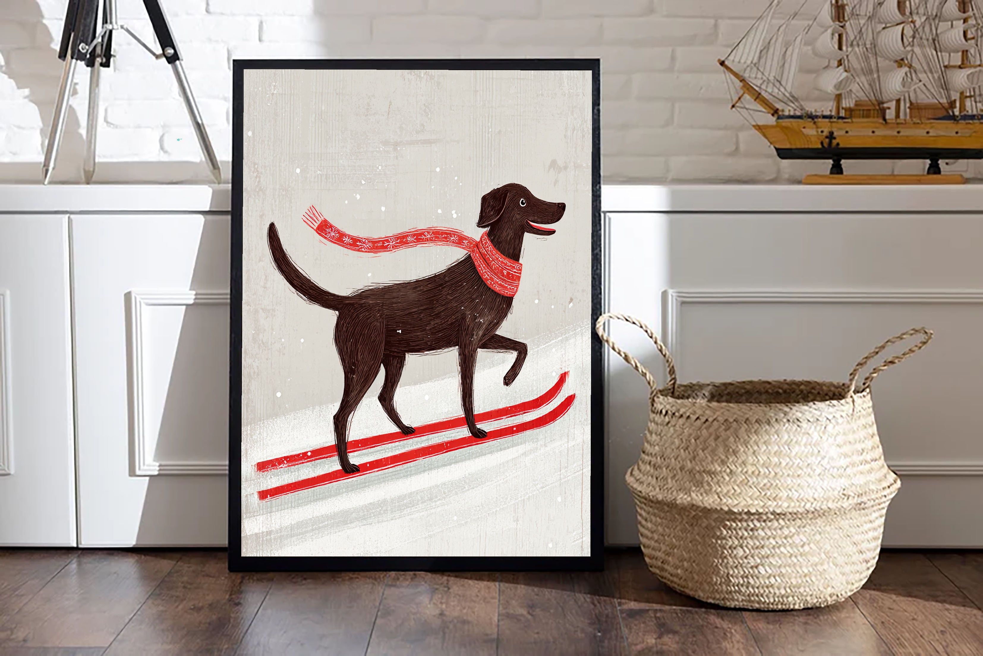 Skiing Dog Cartoon Art | Playful Warmth