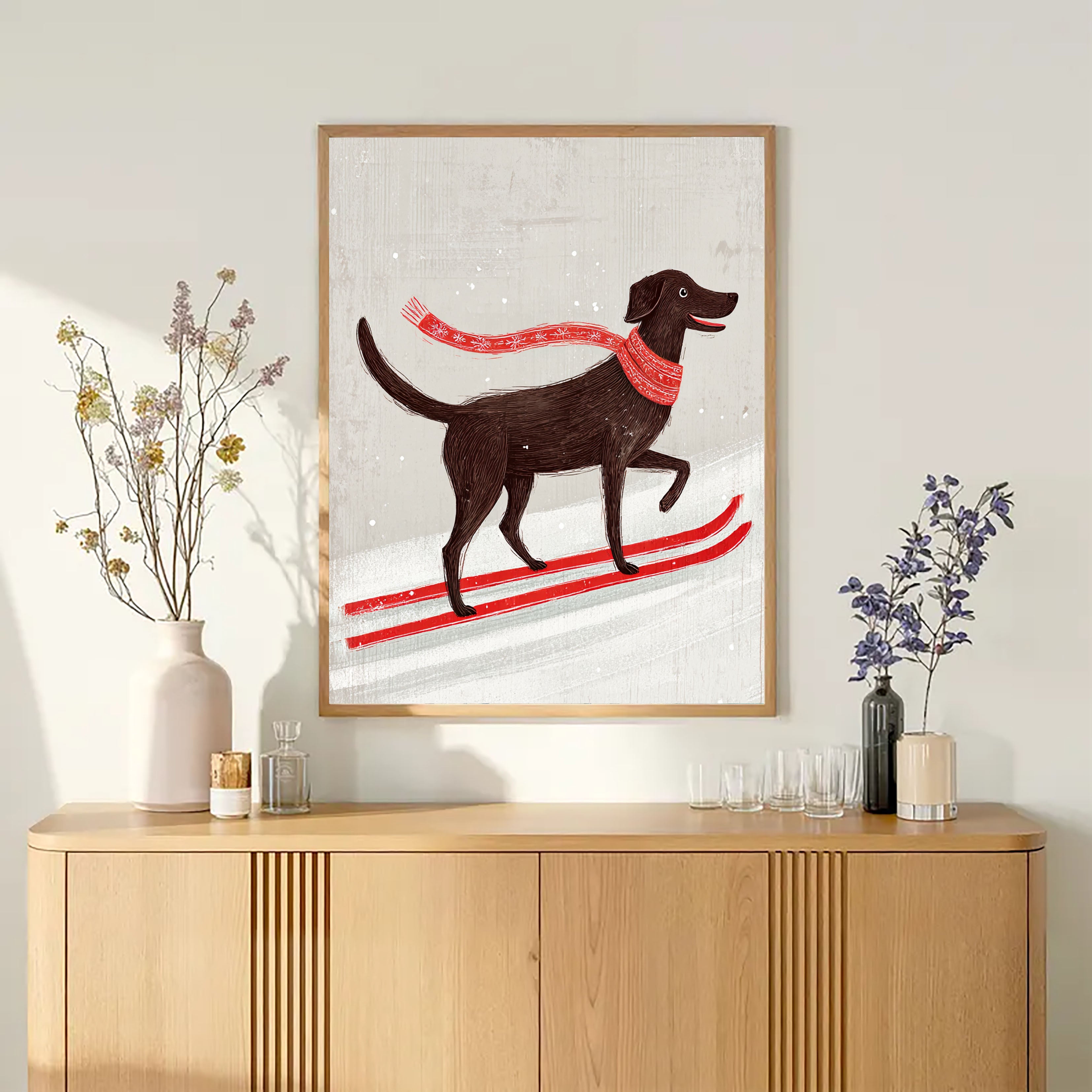 Skiing Dog Cartoon Art | Playful Warmth