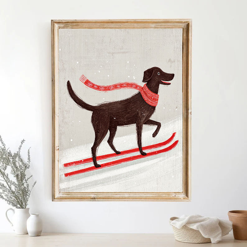 Skiing Dog Cartoon Art | Playful Warmth