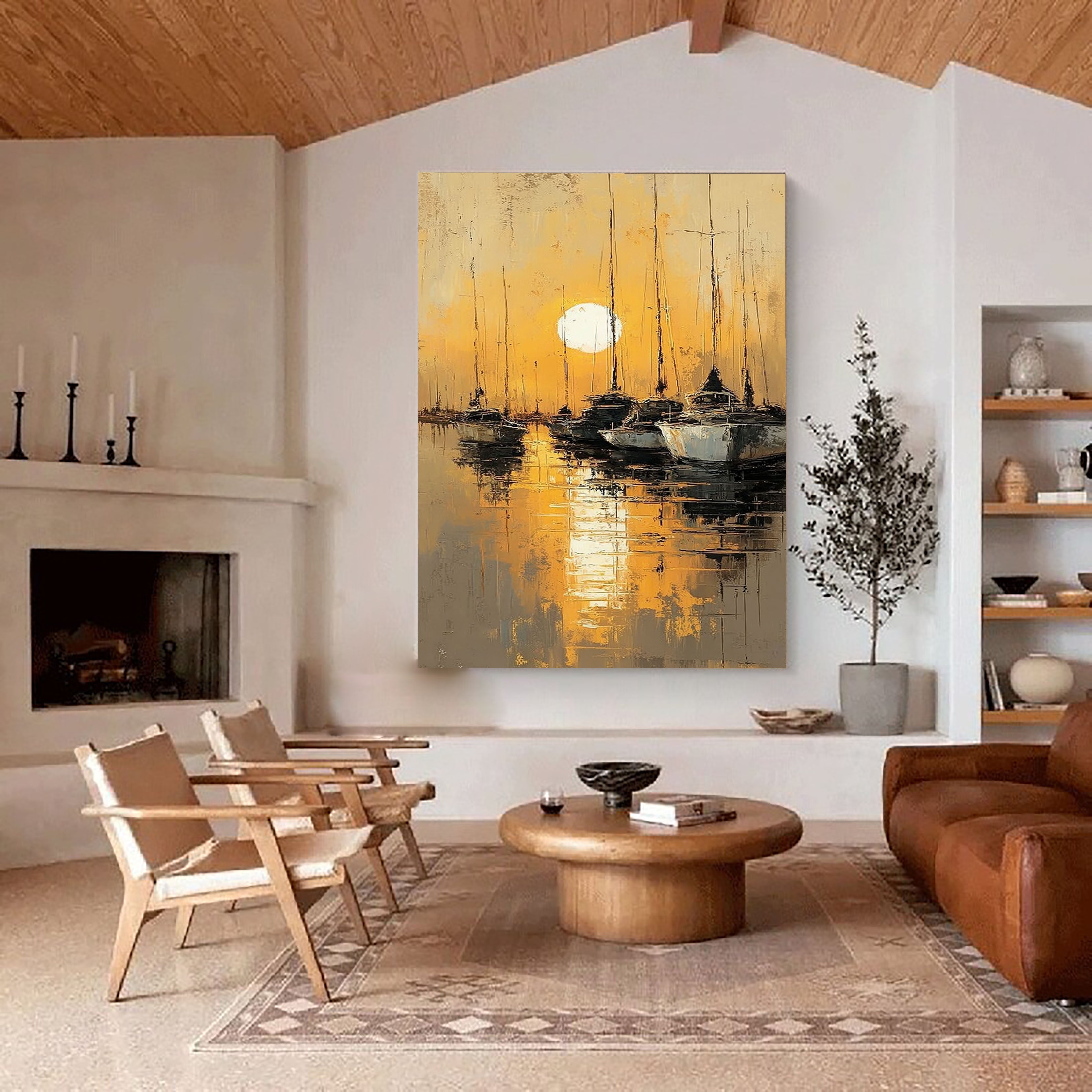 Golden Harbor Stillness | Moonlit Masts