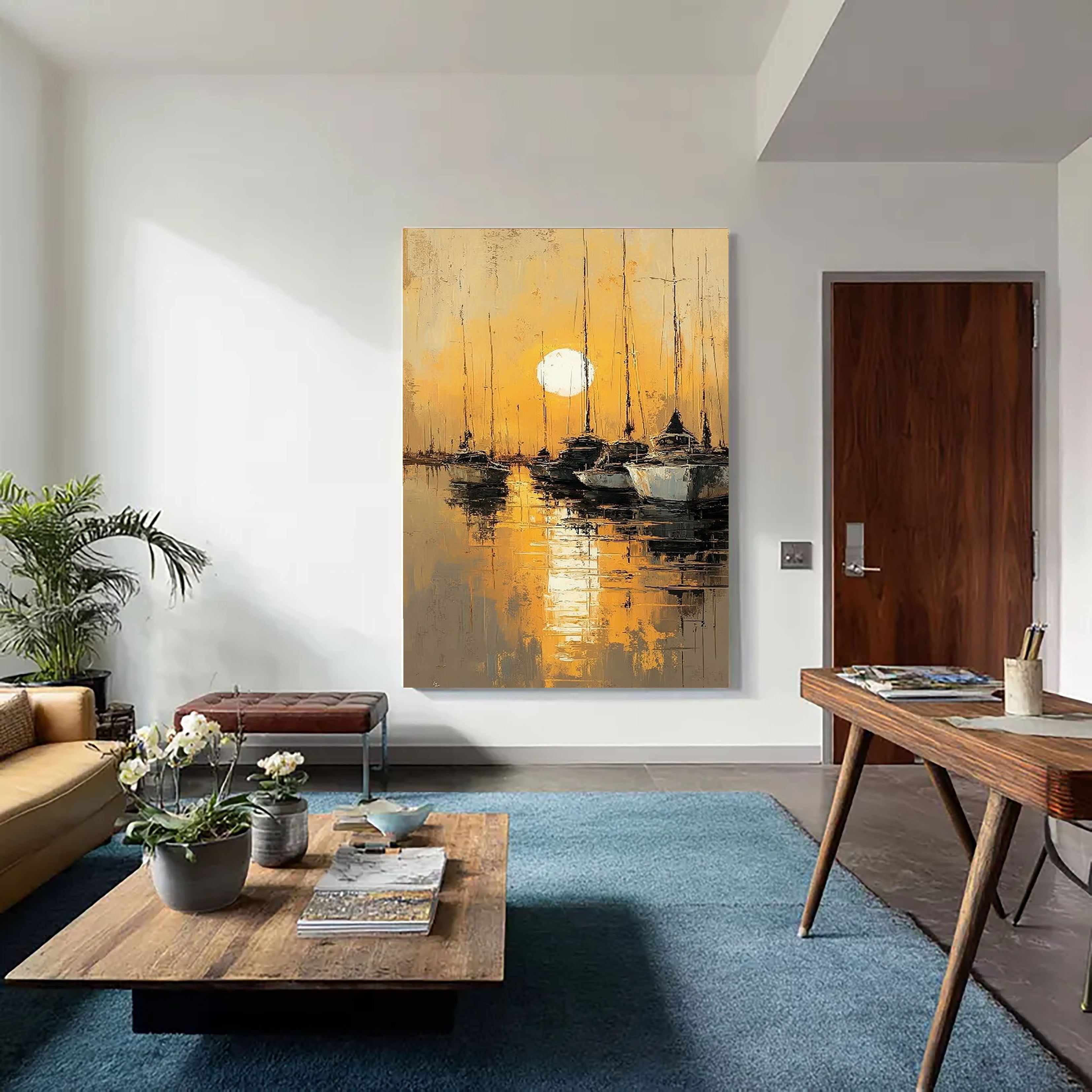 Golden Harbor Stillness | Moonlit Masts
