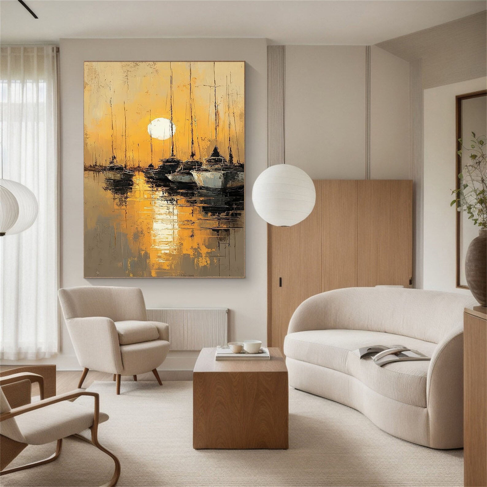 Golden Harbor Stillness | Moonlit Masts