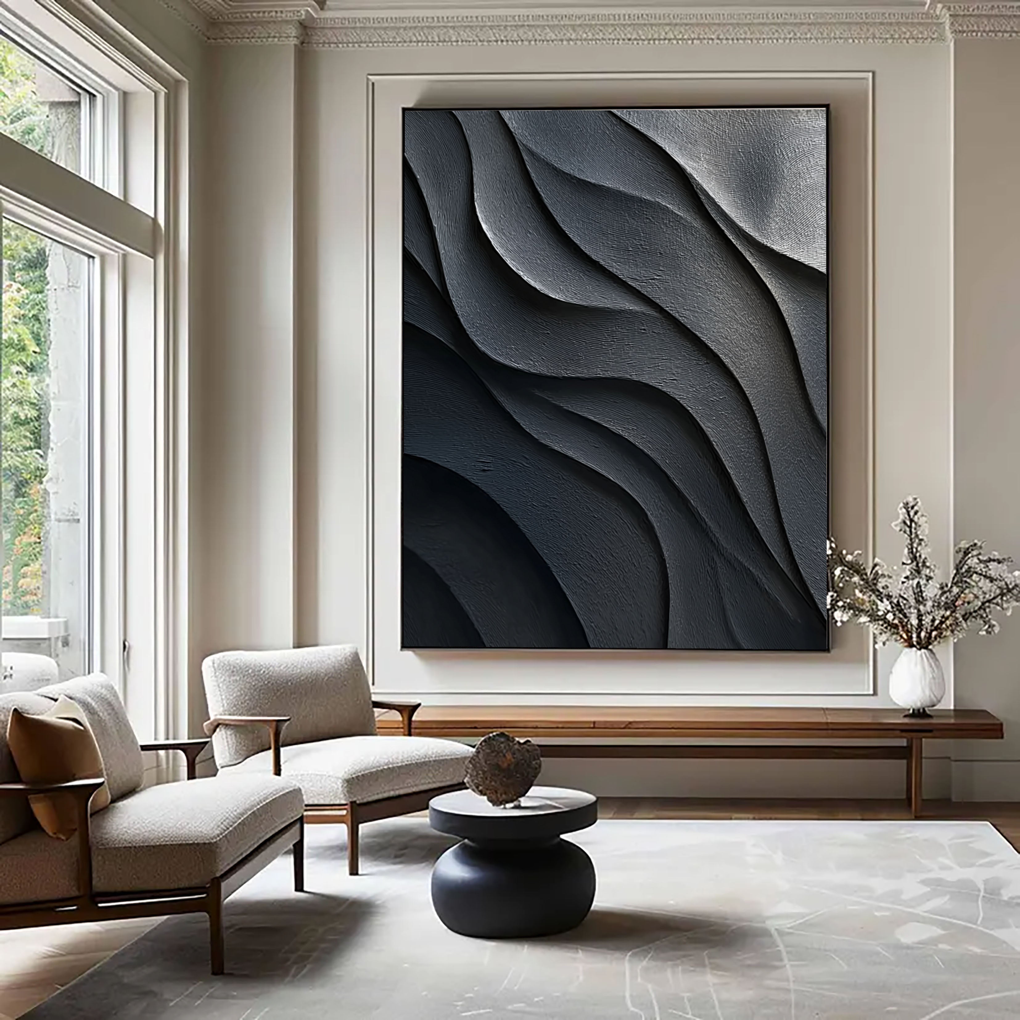 Monochrome Textured Waves | Dark Grey
