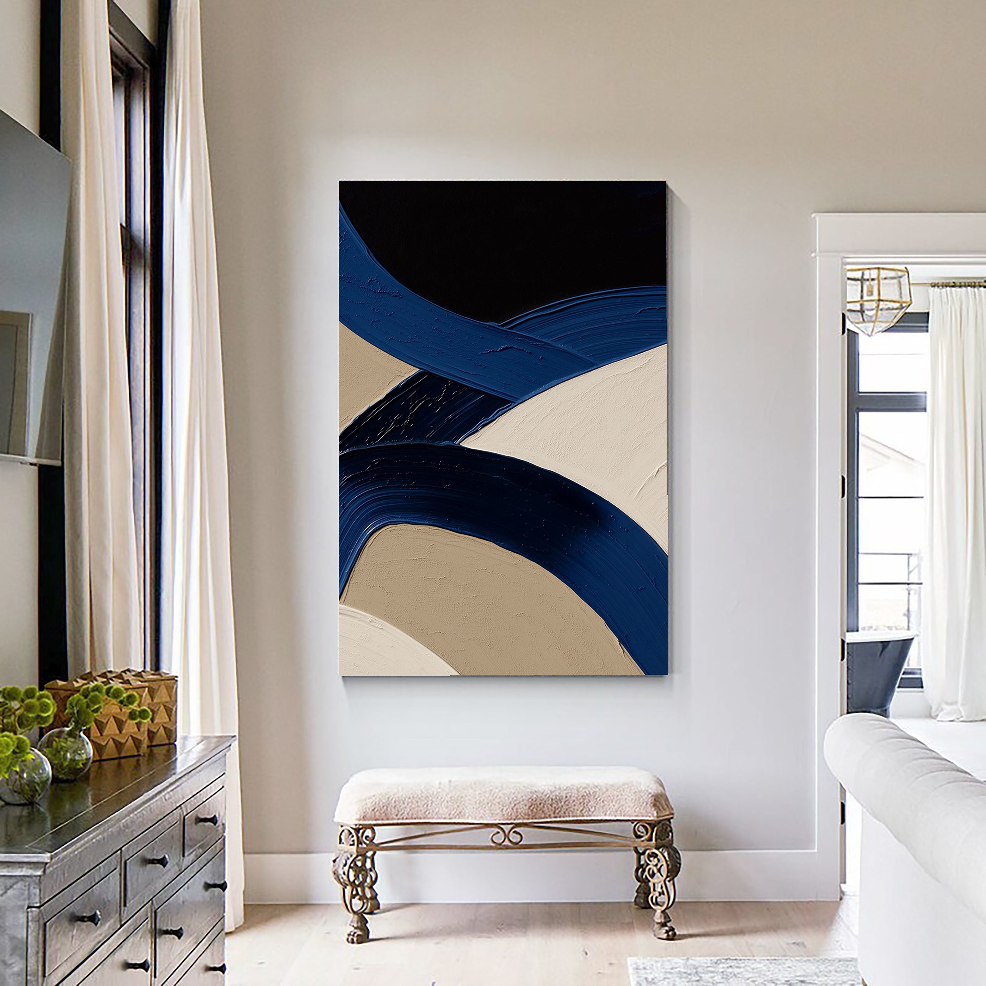Textured Curved Strokes | Indigo Beige
