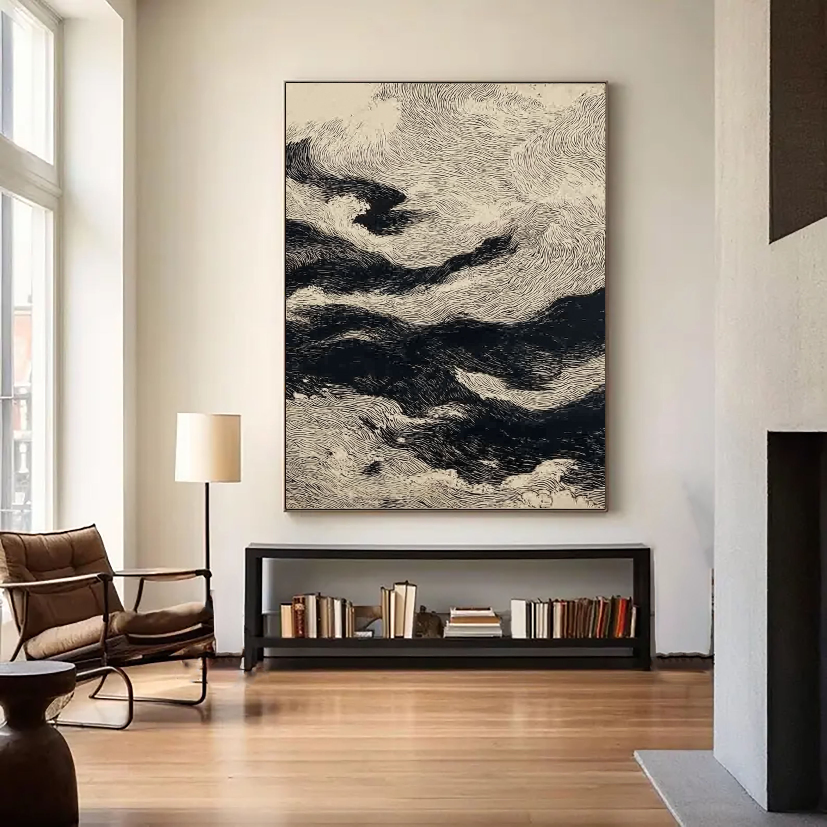 Dynamische Wellenlinien-Kunst | Schwarz Beige