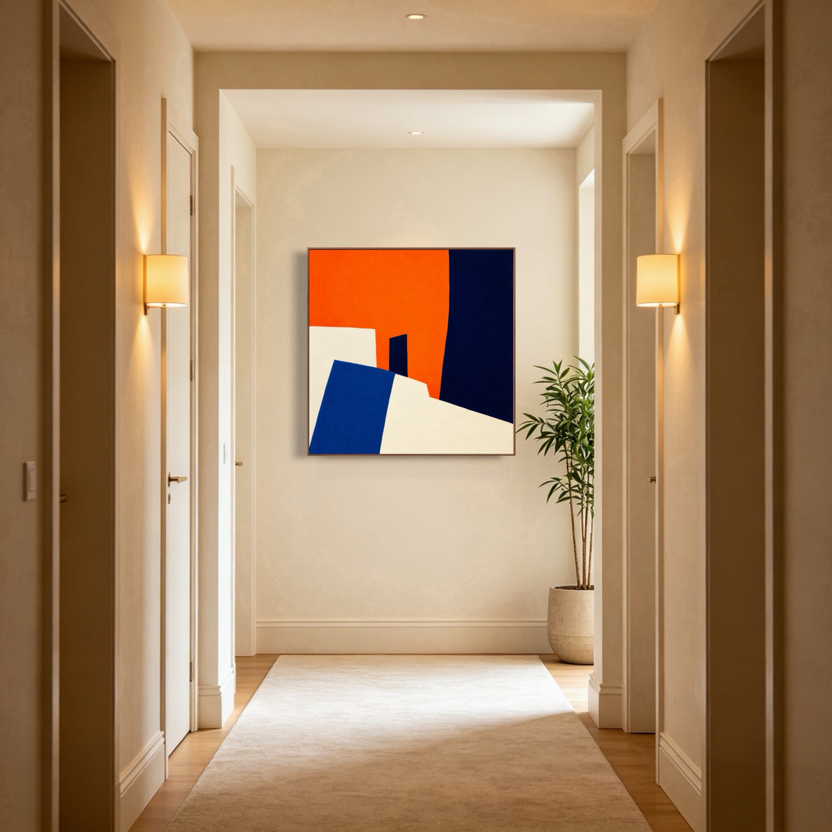 Angles Against Orange — vertical geometric & linear art, view 1