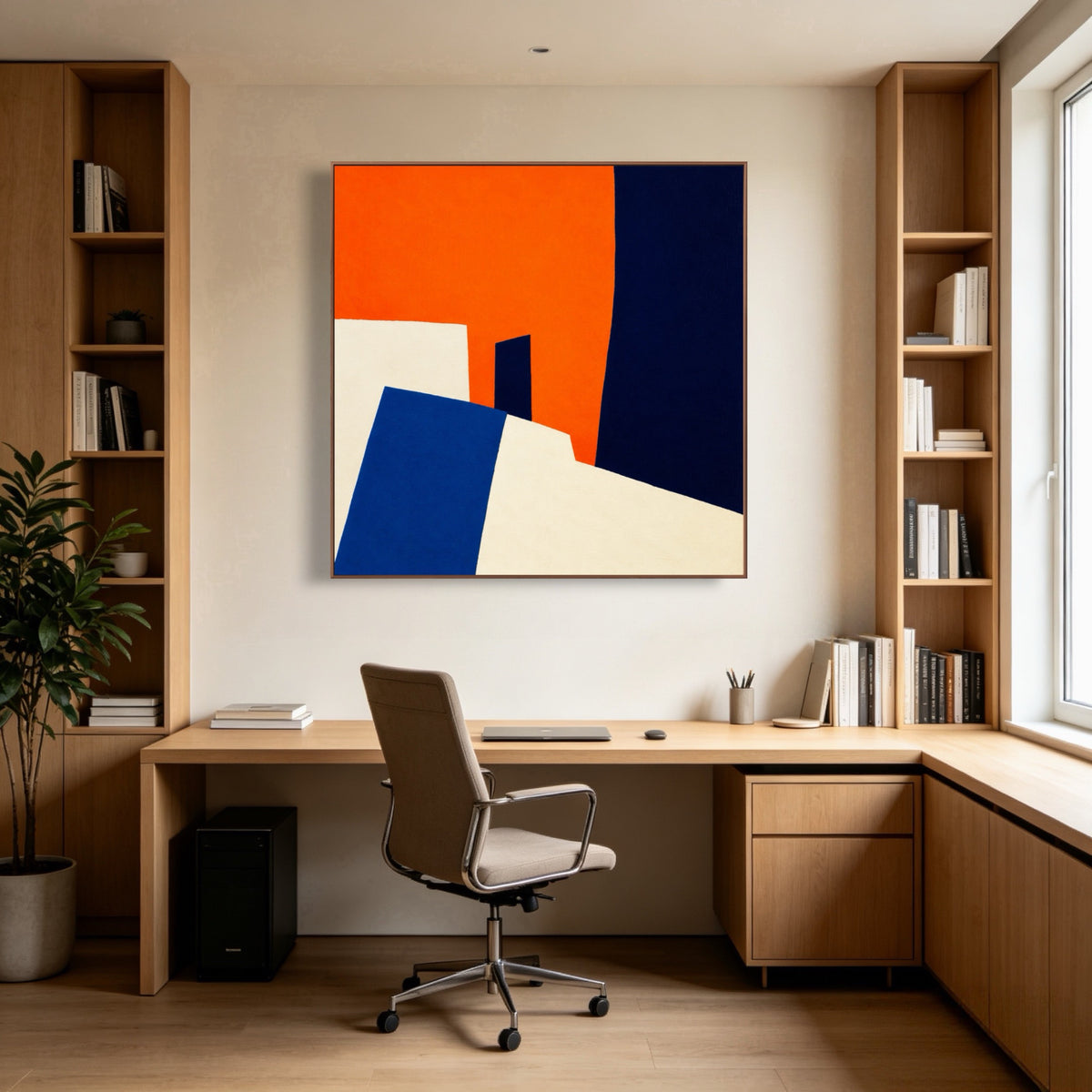 Angles Against Orange — vertical geometric & linear art, view 2