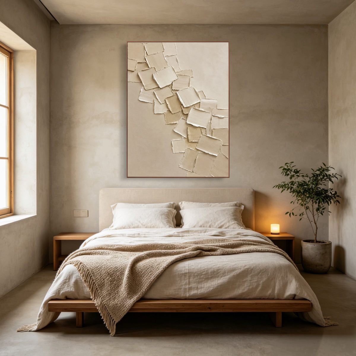 Falling Plaster Leaves — vertical textured & impasto art, view 2