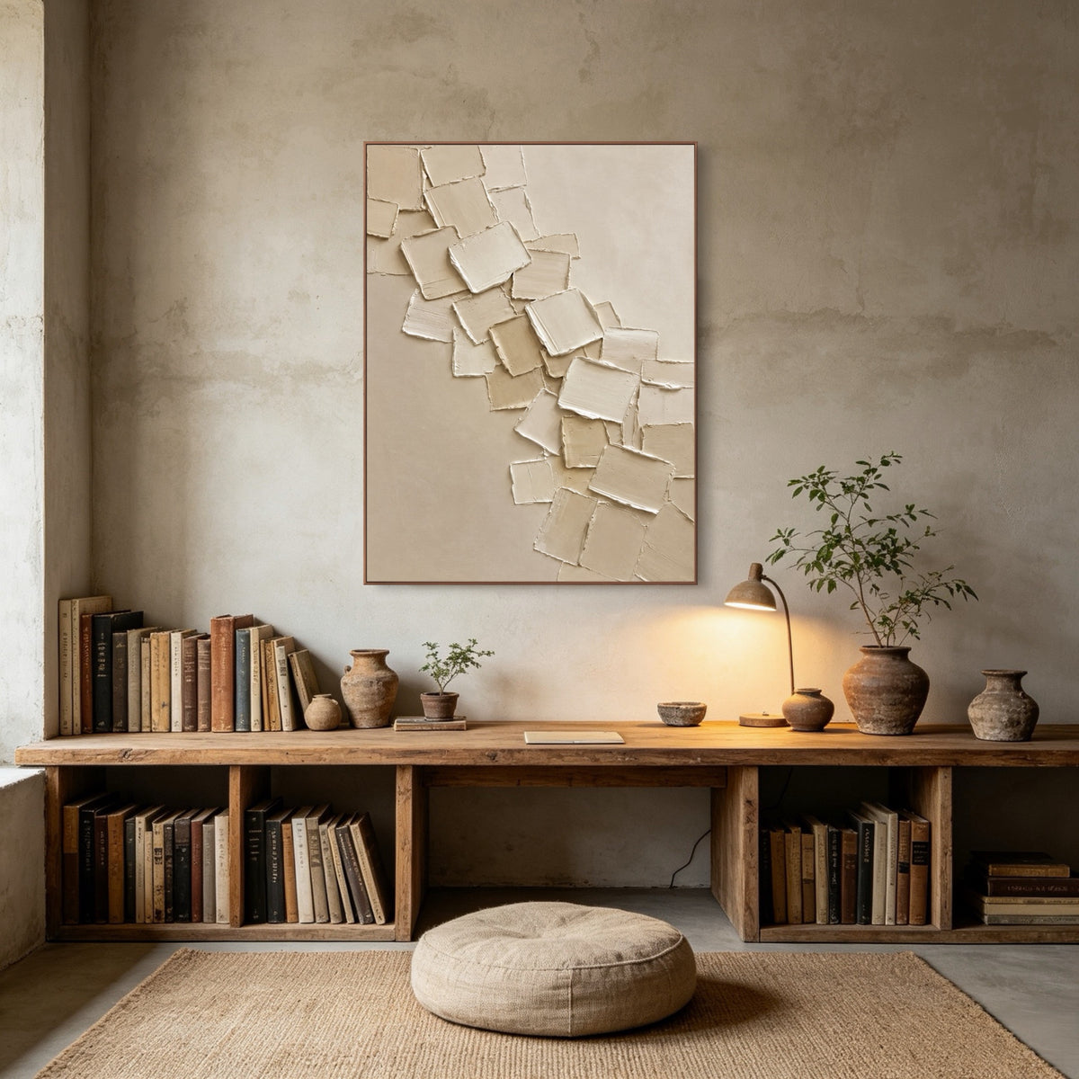 Falling Plaster Leaves — vertical textured & impasto art, view 3