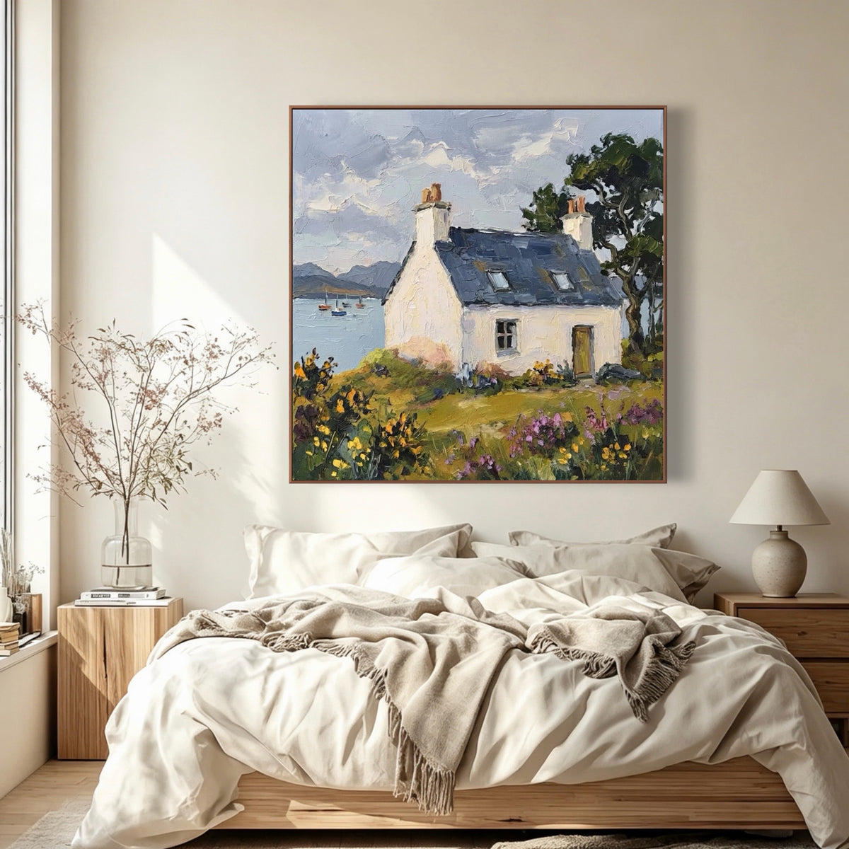 Harbor Cottage Morning — vertical coastal & ocean art, view 1